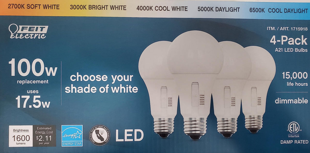 Feit Electric White 17.5W Led Bulb 1600 Lumens,1 Count (Pack Of 4)