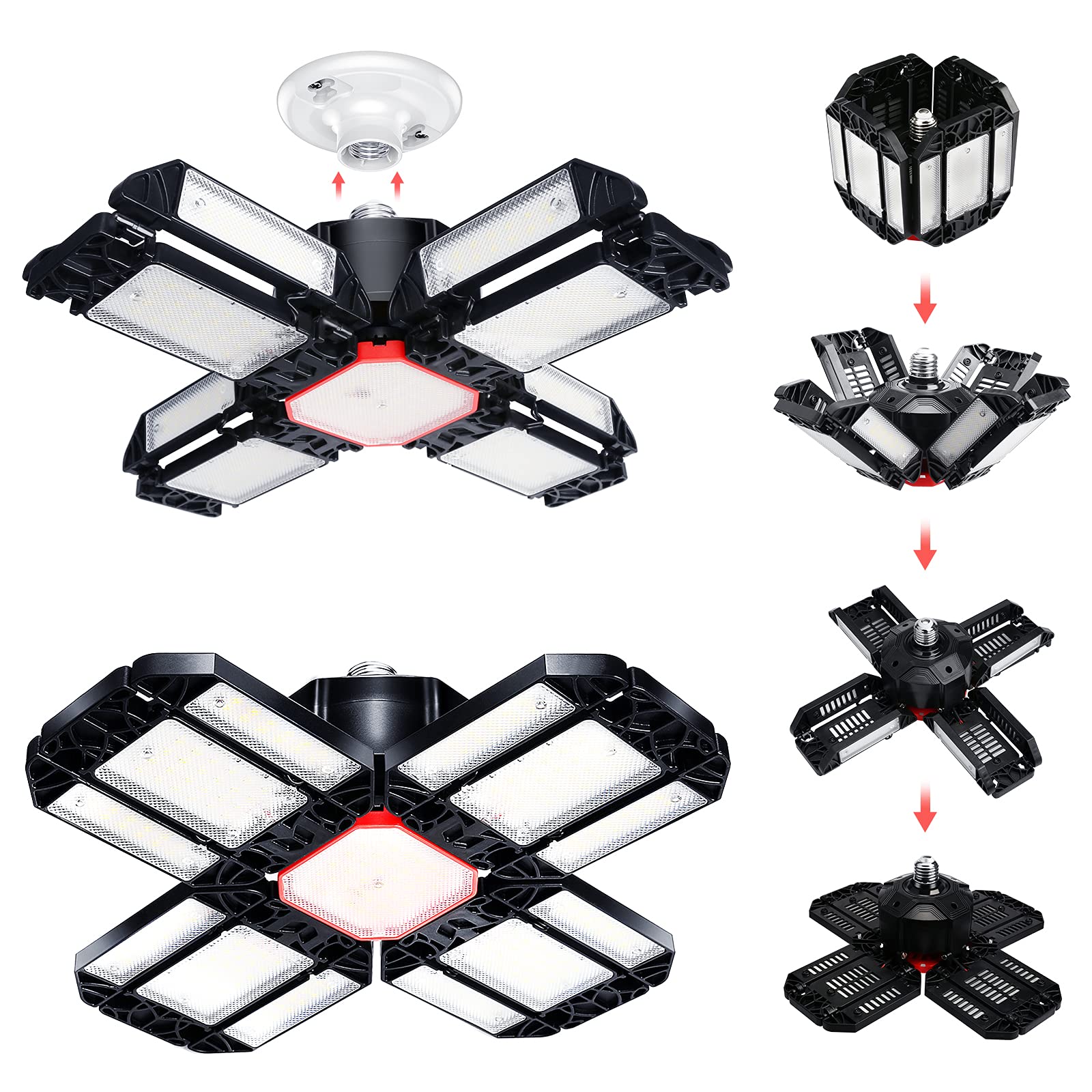 Rehave Garage Lights Ceiling Led 2 Pack Plug In Shop Lights,180W 18000 Lm 6500K Garage Lights Ceiling Led,12 Leaf Adjustable Mul