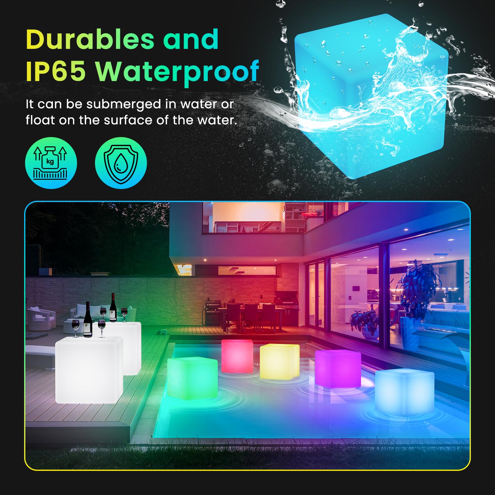 LOFTEK 16-inch LED Cube Light - Rechargeable RGB, IP65 Waterproof Acrylic, Remote Control, White for Home Outdoor Party Decor
