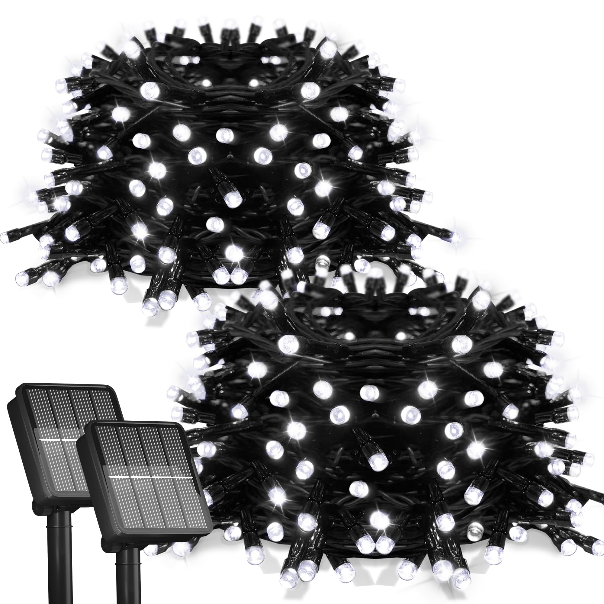 Flechllary 2Pack Solar String Lights, 200 LED, 78Ft, Waterproof, 8 Modes, Cold White, Model 1.0