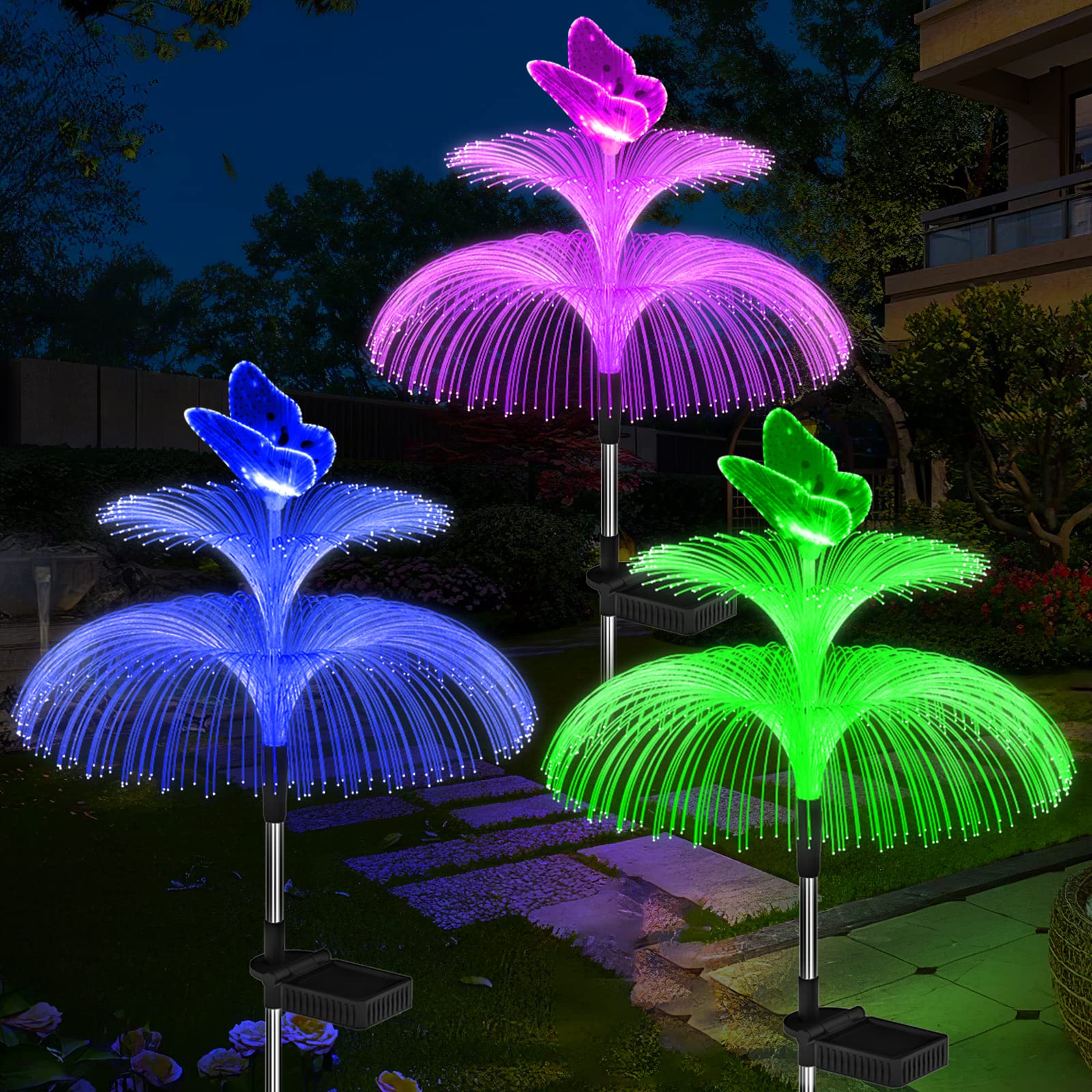 Weepong Solar Garden Lights, Waterproof Decorative Jellyfish & Butterfly, 7 Color Gradients, 3 Pack