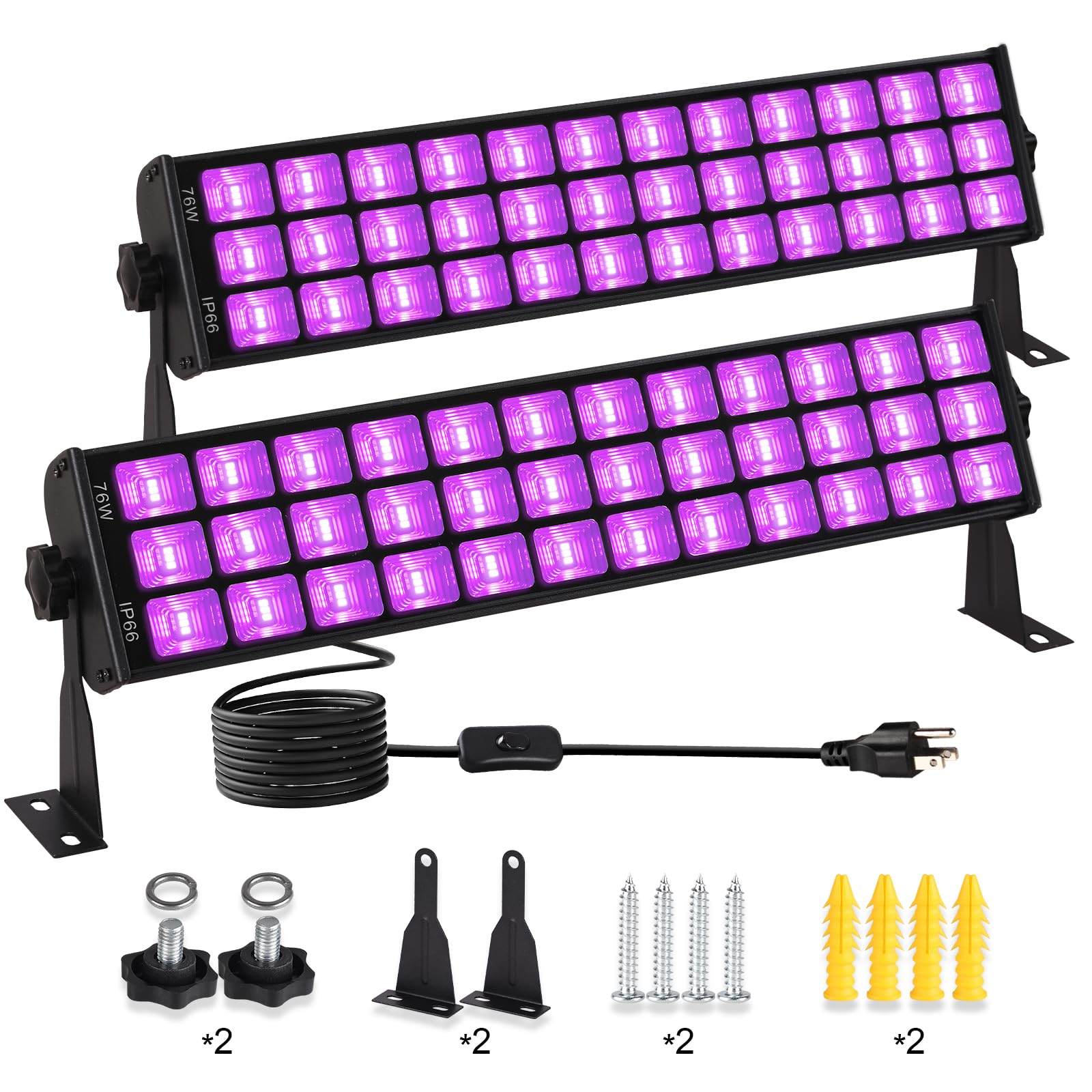 PIZHLO 76W Black Light Bar, 2 Pack, IP66 Waterproof, 108 LEDs, Purple, 5ft Cord