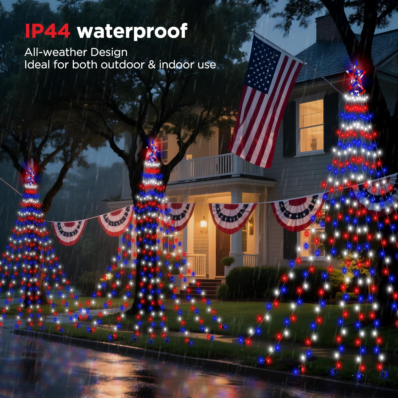 HELESIN Solar LED Lights - 350 LED Red White Blue Waterfall Lights with Remote Control, USB Powered, 8 Modes for Outdoor Decor