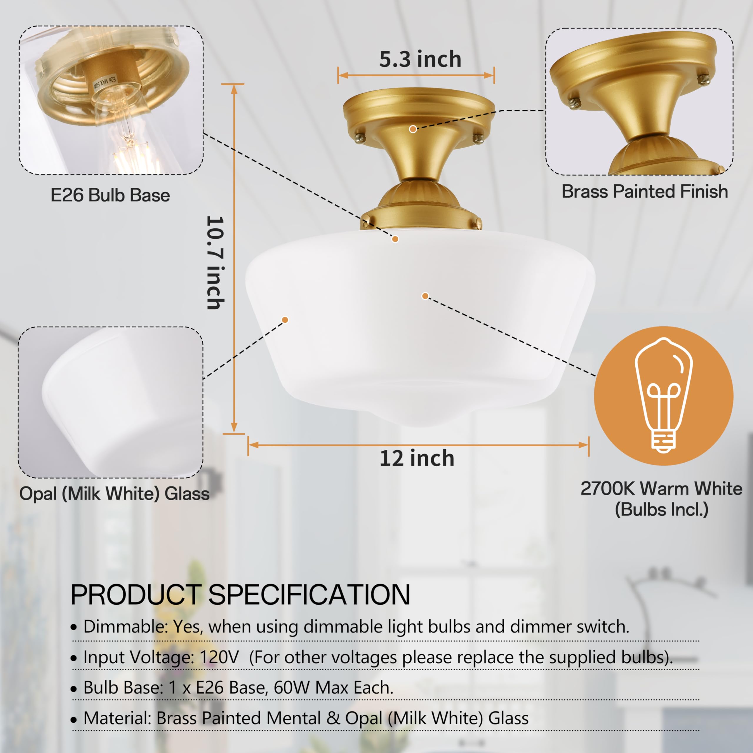 Ayshwilldec Brass Schoolhouse Light Fixture 12'' Mid Century Light Fixture Milk Glass Light Fixture School House Light Fixtures