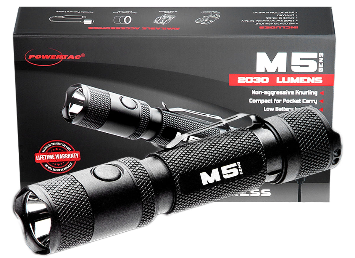 Powertac M5 Gen3 - The Crescent Wrench Of Tactical Led Rechargeable Flashlights. Intense 2030 Lumens, 330M Throw With Ample Fill