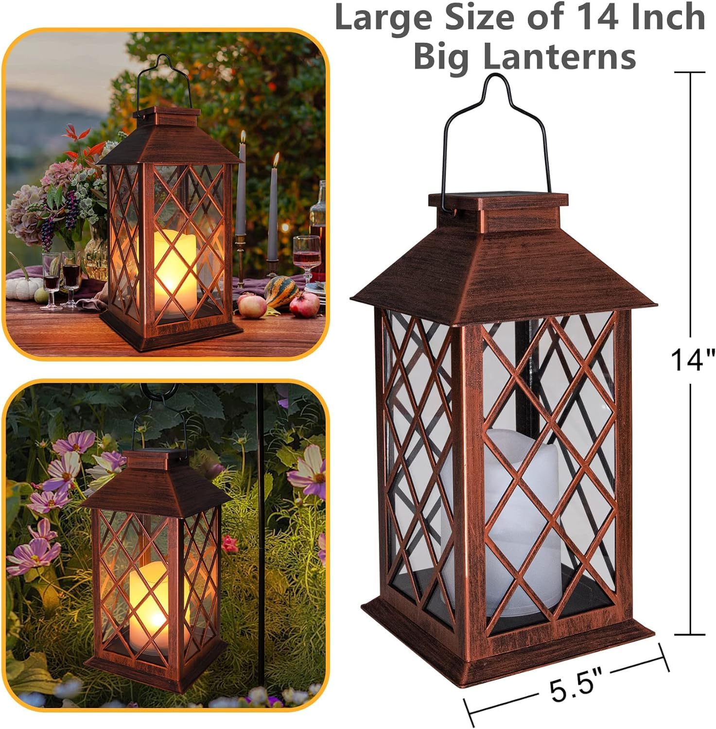 [2 Pack] Take Me 14'' Solar Lantern Outdoor Garden Hanging Lantern Waterproof Led Flickering Flameless Candle Mission Lights For