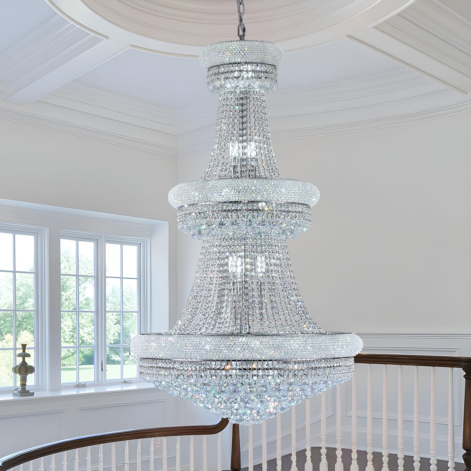 31 Lights Chrome Finish Large Empire Crystal Chandelier - Three-Tier  High Ceiling Chandelier Light fixtures for Foyer Staircase Living Room Entryway (Dia 32)