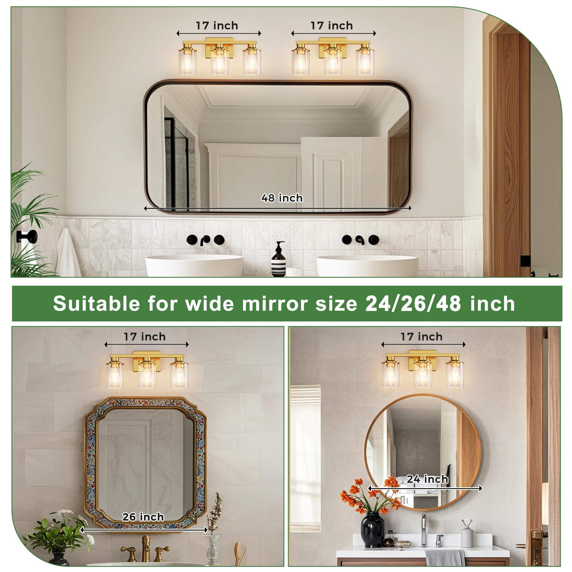 Doresshop 17 Inch Bathroom Light Fixtures  3-Light Brushed Gold Bathroom Lighting Fixtures Over Mirror With Clear Glass Shade  Vanity Lights For Living Room Bedroom
