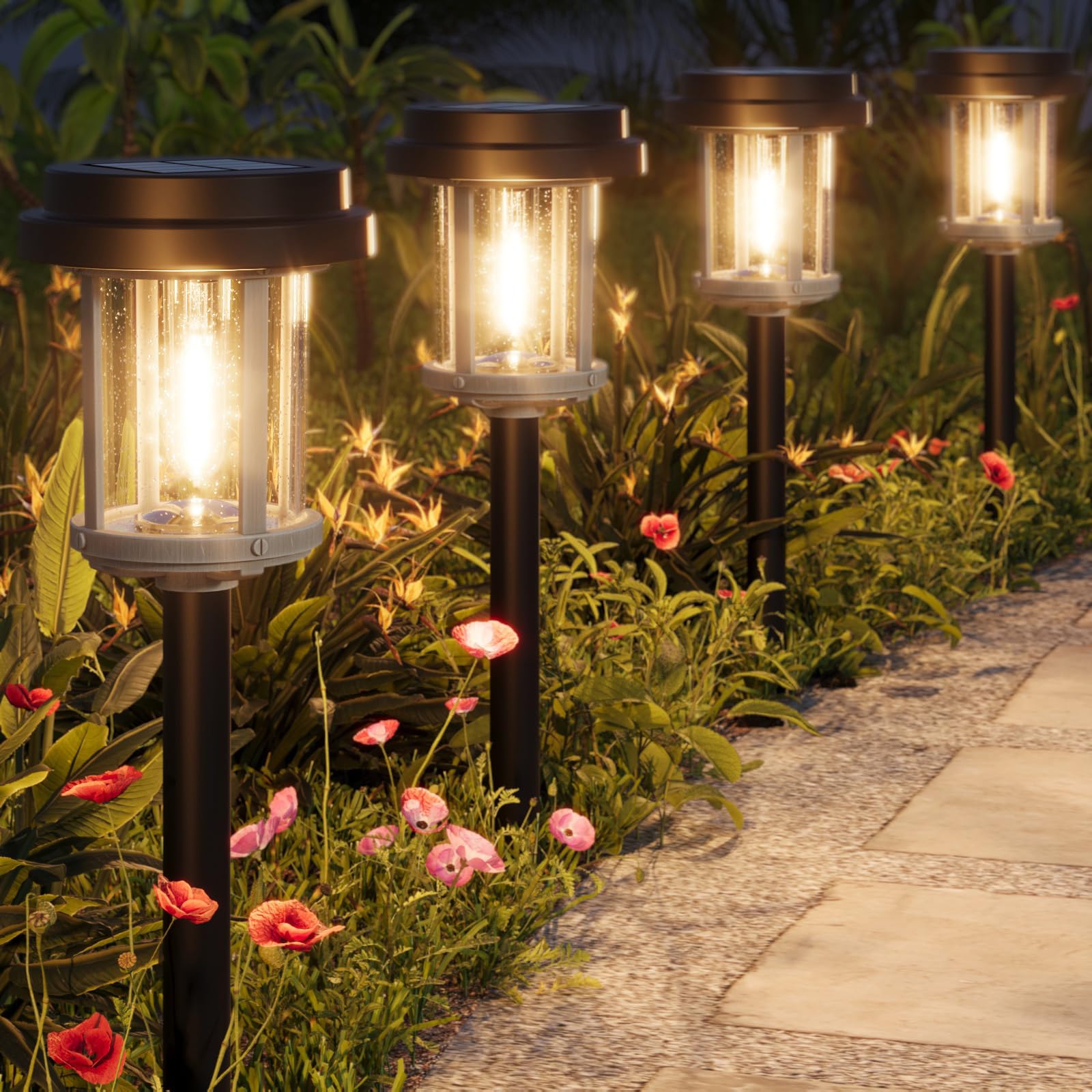 XMCOSY+ Solar Outdoor Lights, Waterproof IP65, 20 LM LED, 6 Pack, Black & Grey, Metal Seeded Glass, Model HW-6181K