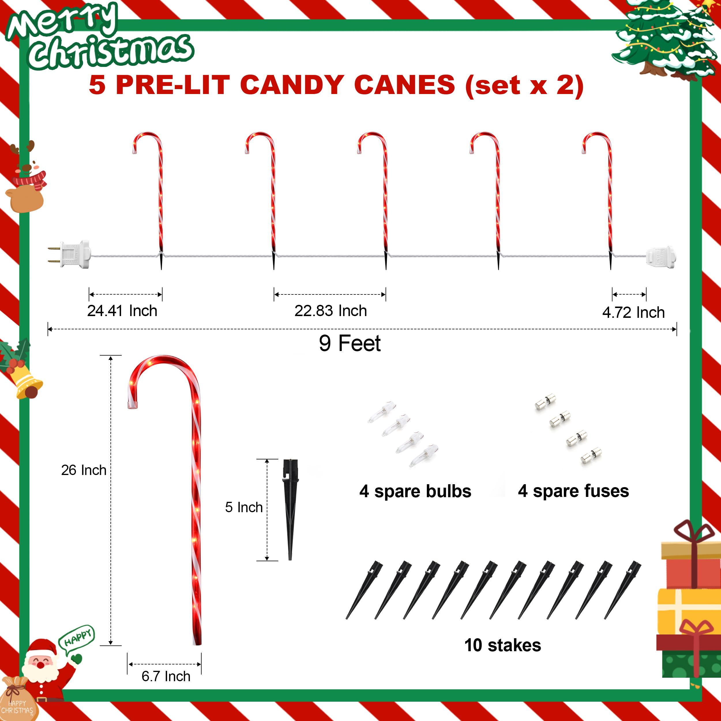 Vcoken 30'' Christmas Candy Cane Pathway Markers Lights - Set Of 10 Christmas Stakes Lights Outdoor Pathway Decorations, Connect