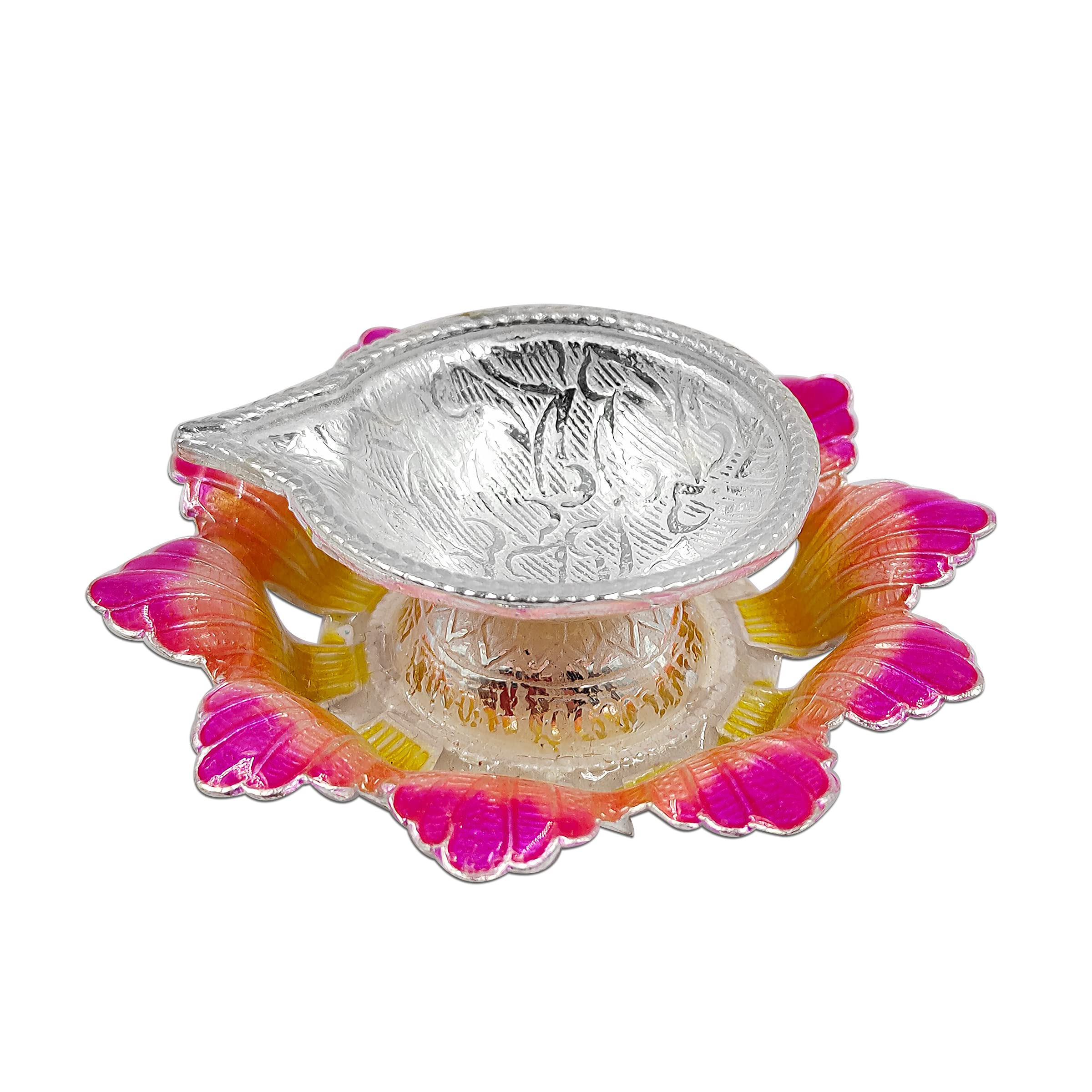 MAA SILVER Diya/Lamp/Deepak with Yellowish Pink Flower Shape Base Perfect for Gift and Pooja Purpose (20 Grams Silver)