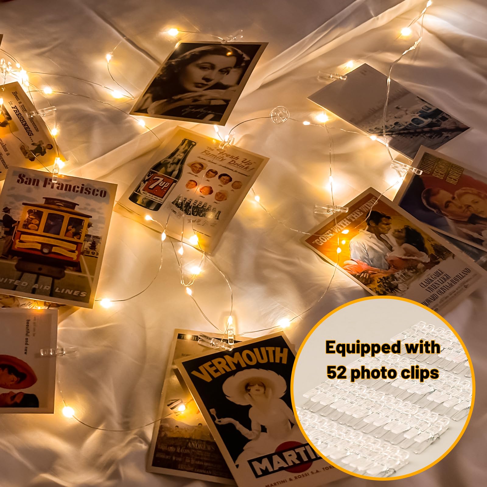 Hxweiye 50Leds Battery Powered Fairy Lights, Warm White, 16.4Ft With 52 Clips & 10 Hooks For Pictures, Model Hy100150-120