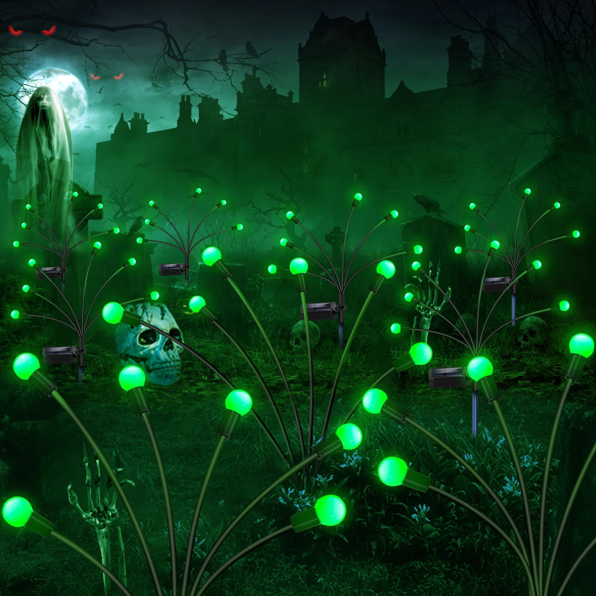 ZFNN Solar Firefly Lights, 4 Pack 24 LED Green Garden Decor, Outdoor Waterproof for Yard and Pathway, Model GreenYHC-4pack