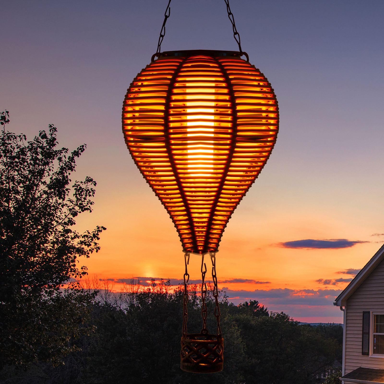Pearlstar Solar Hot Air Balloon Lantern With Flame Light Outdoor Hanging Solar Powered Lights Woven Solar Lantern Waterproof For