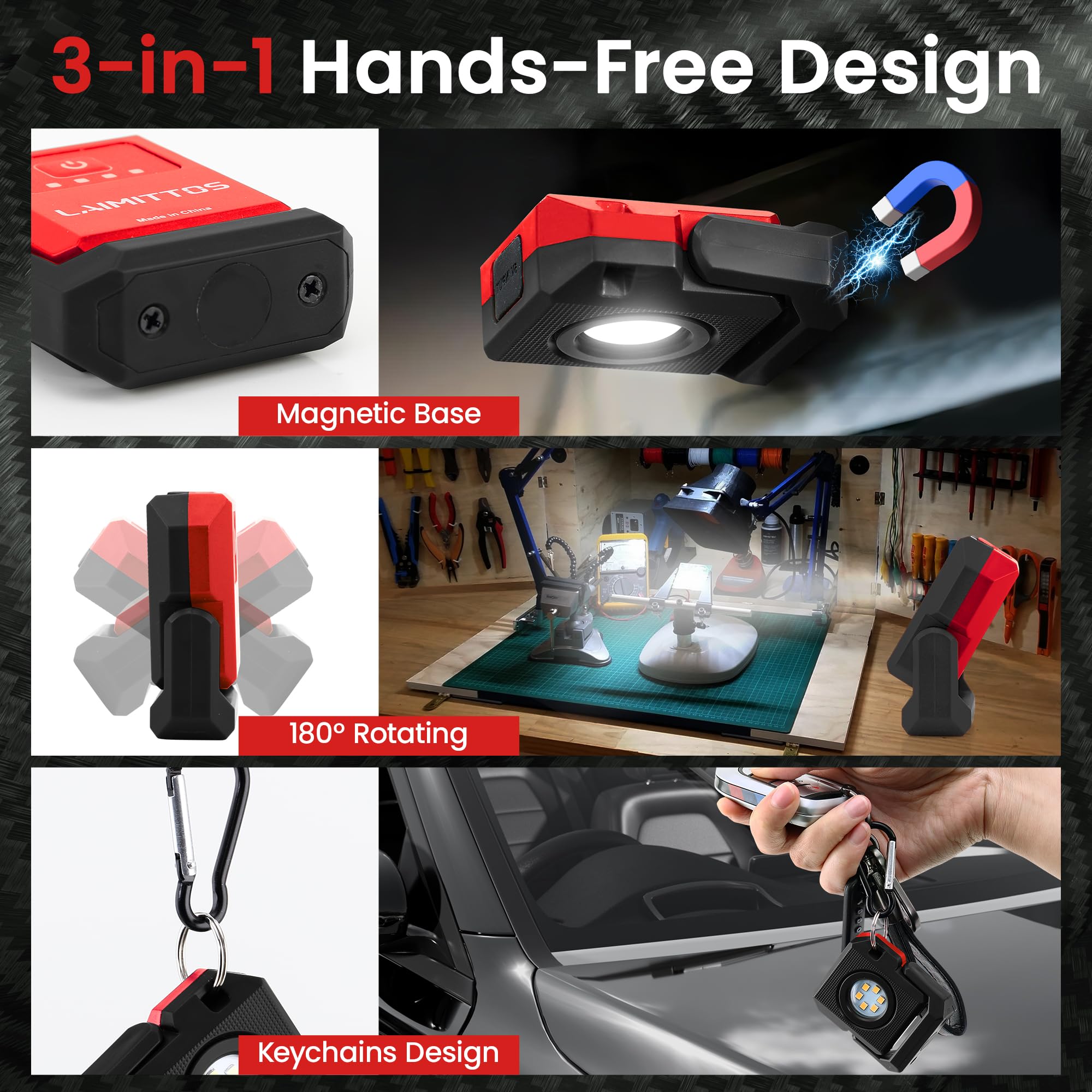 LAIMITTOS Mini Rechargeable LED Work Light - 550 Lumens, Magnetic Base, Portable Mechanic Flashlight, Black & Red