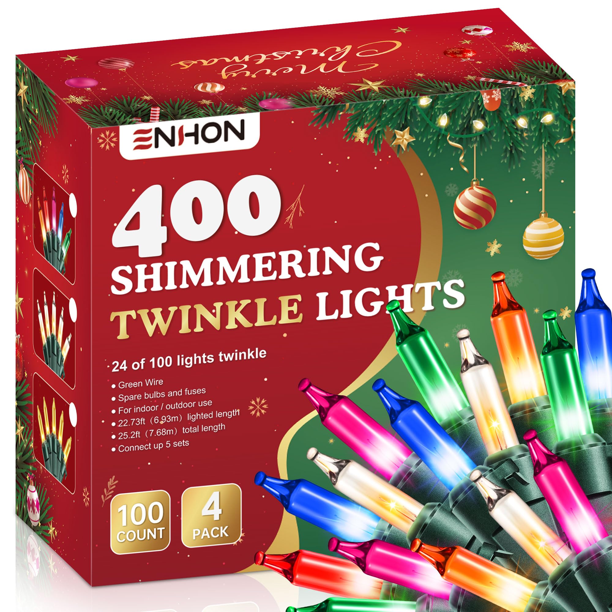 Enhon 4 Pack Twinkling Christmas Lights, 101.6 FT 96 of 400 Random Twinkle Bulbs, Christmas String Lights Connect up to 5 Set, W
