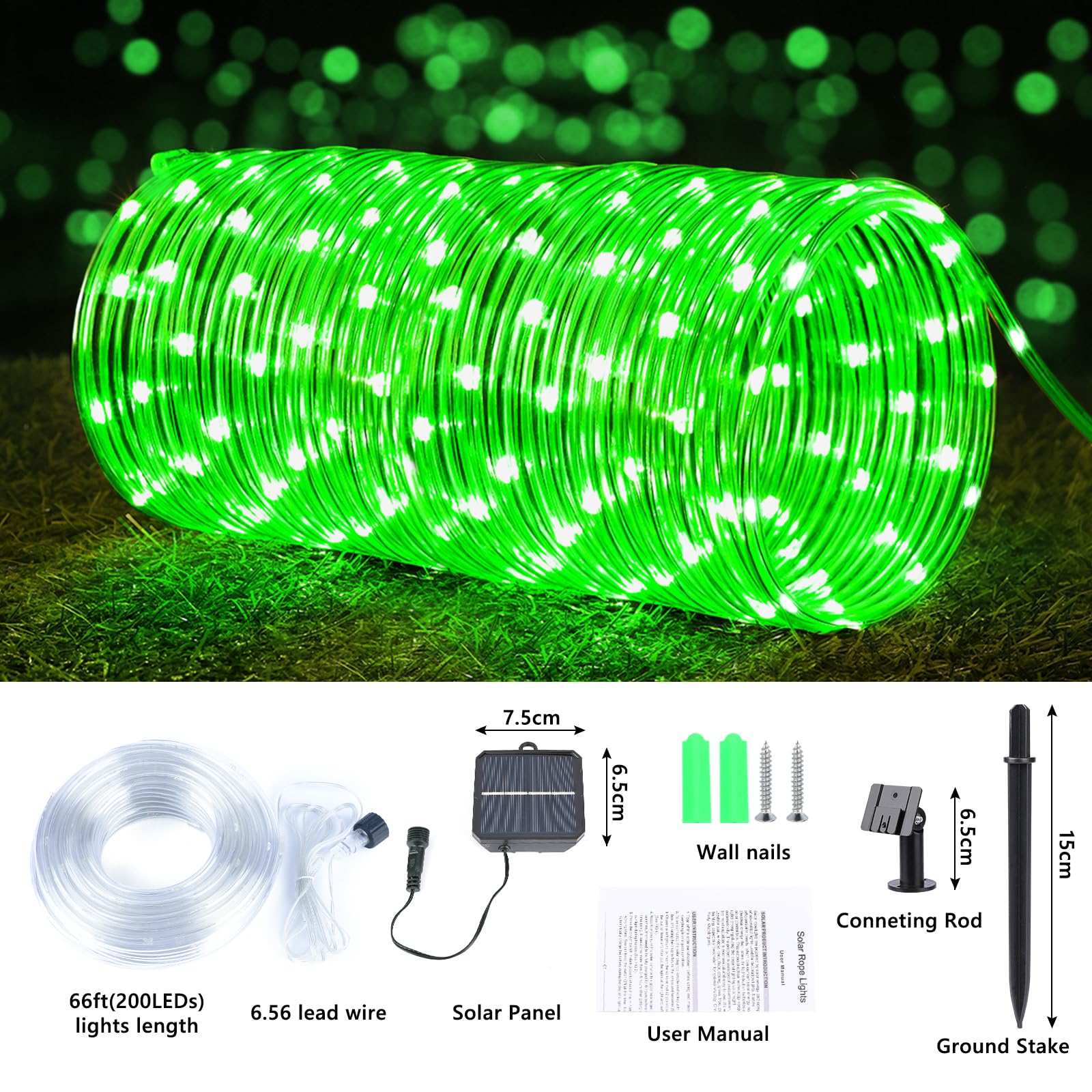 Jnaurb Solar Rope Lights, 66ft 200LED Waterproof Outdoor String Lights, Flexible Clear Tube, Green