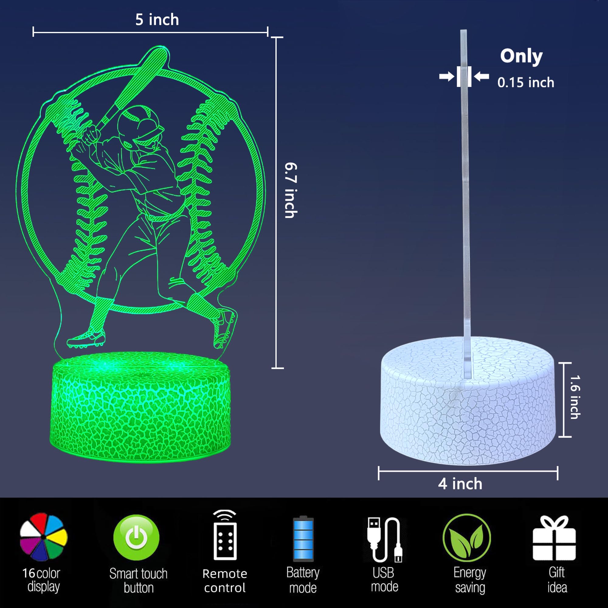 Gucoxny Baseball 3D Night Light,16 Colors Changing with Smart Touch & Remote Control Bedside Decor Lamp Christmas Birthday Gifts