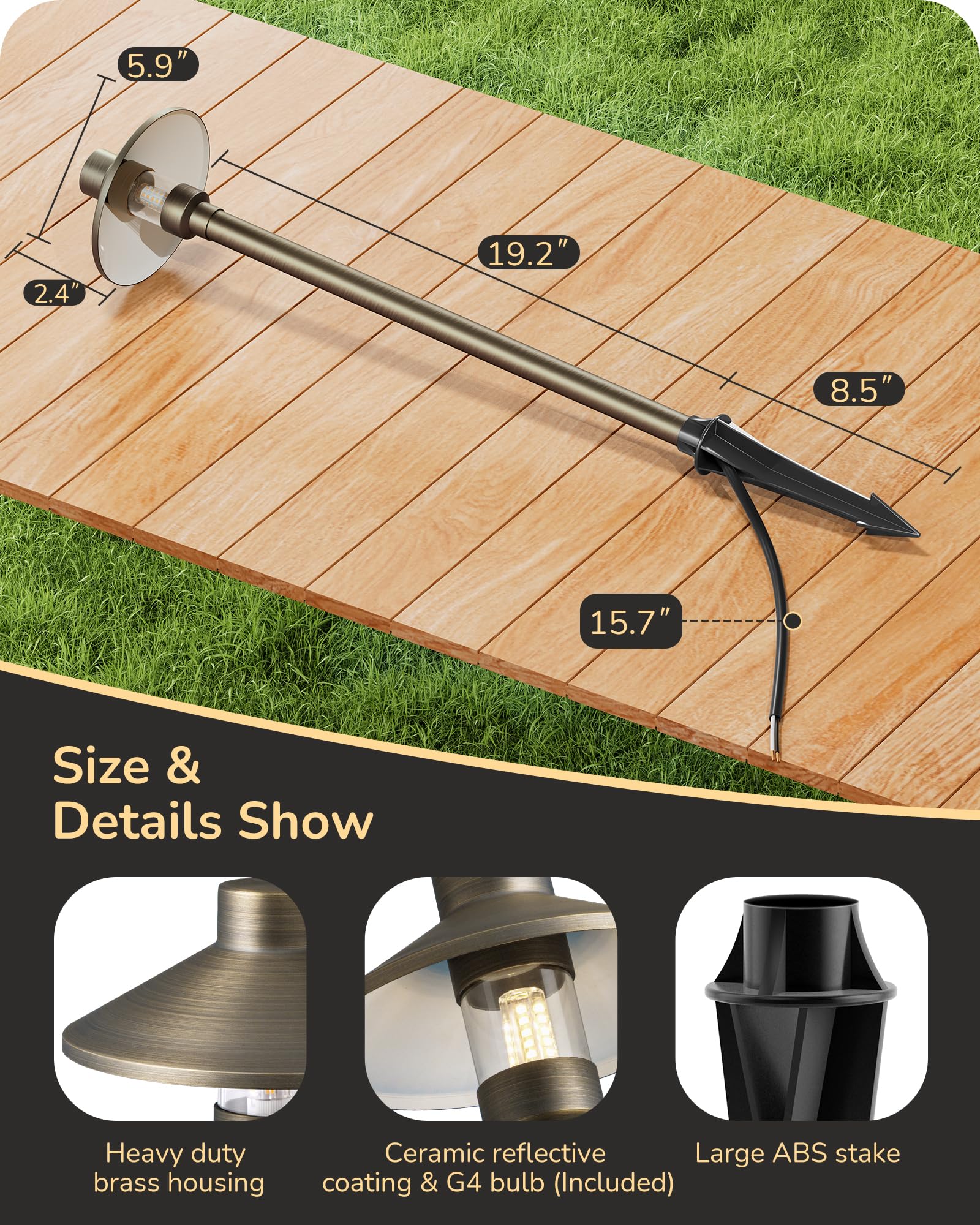 EDISHINE Brass Low Voltage Pathway Lights, 22in Tall, G4 Bulb Included, 12V LED, Bronze, Heavy Duty, 4 Pack