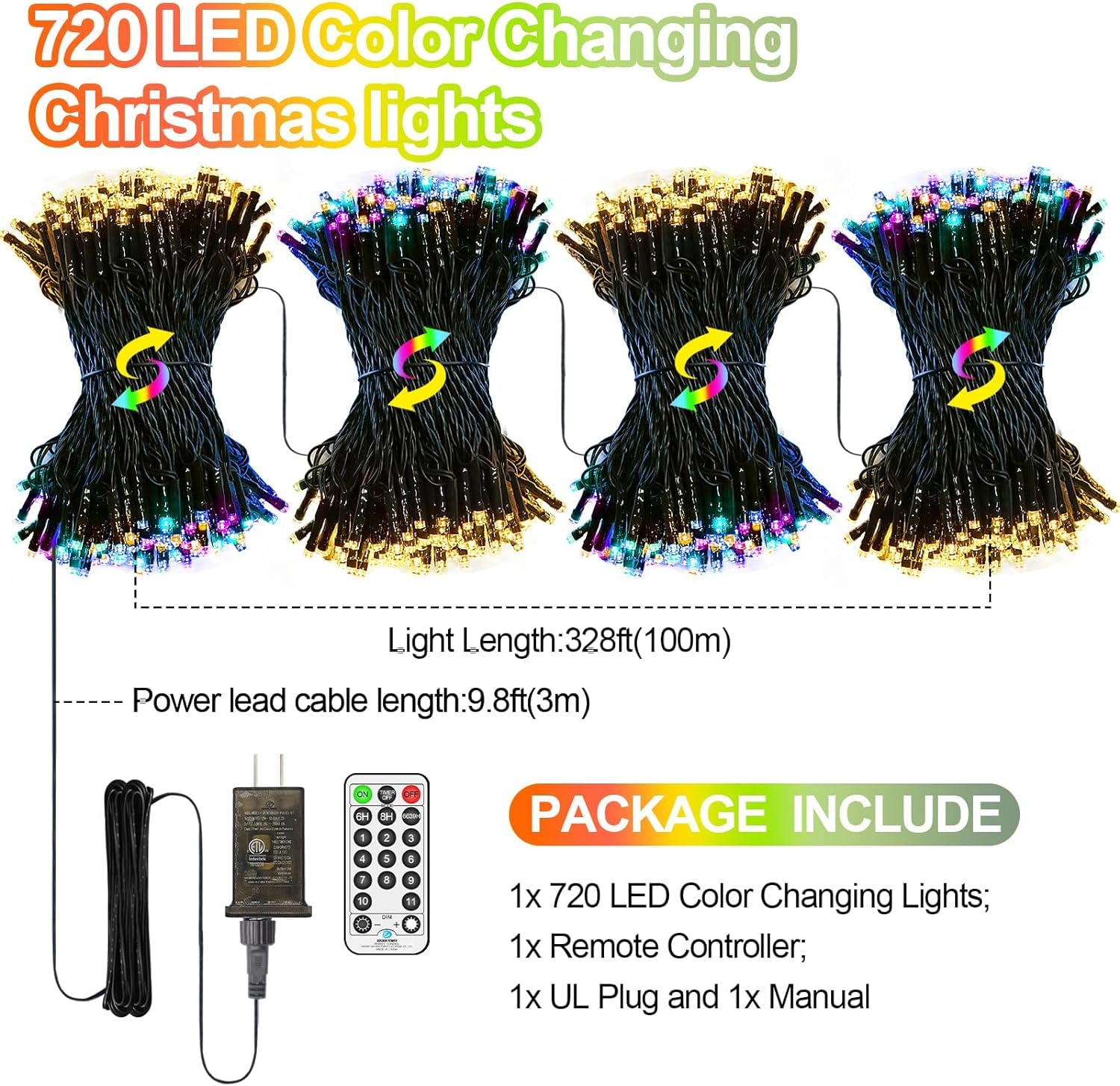 Roadayly 328Ft 720 Led Christmas Lights Color Changing String Lights Outdoor With 11 Modes For Xmas Tree Trunk Yard Porch Outdoo