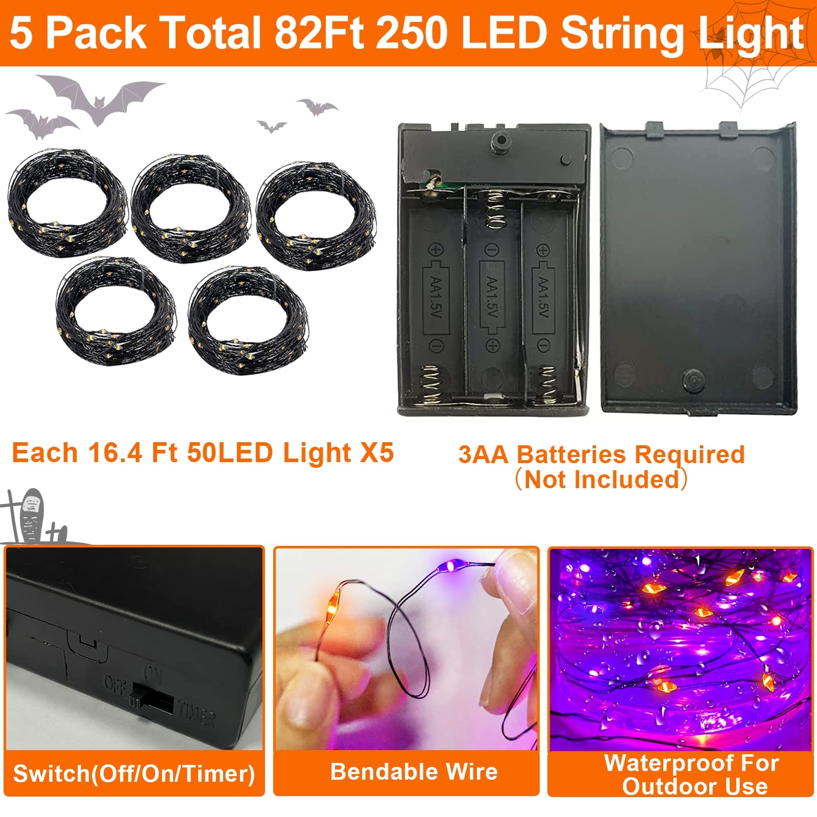 TURNMEON [5Pack&Timer] Halloween Lights Decorations, Total 250LED/82Ft Black Wired String Fairy Orange Purple Lights Battery Ope