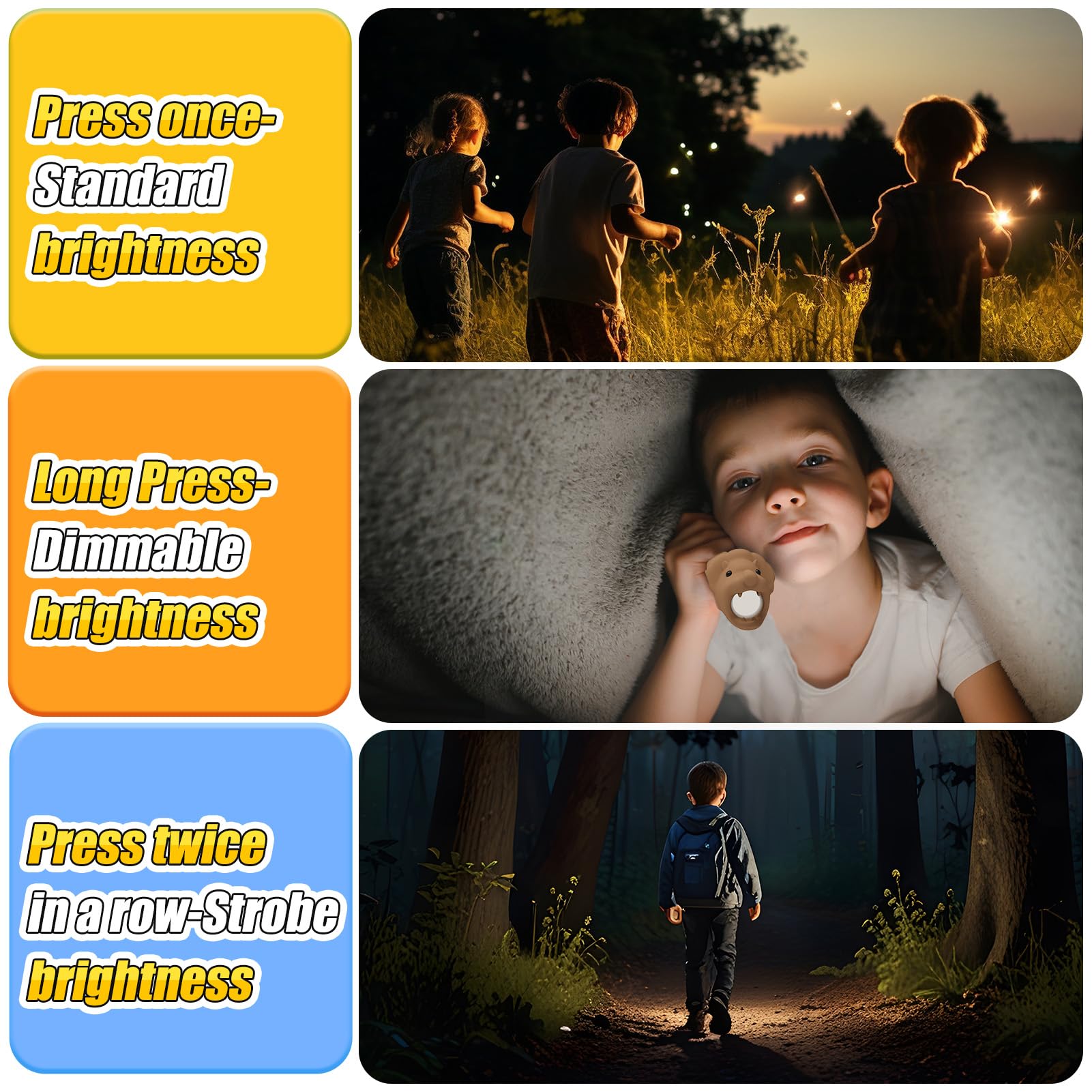 Tepreswes Kids Rechargeable LED Flashlight, Lightweight, Brown, Model C1, Ideal for Camping, Outdoor Adventures, and Birthday Gifts