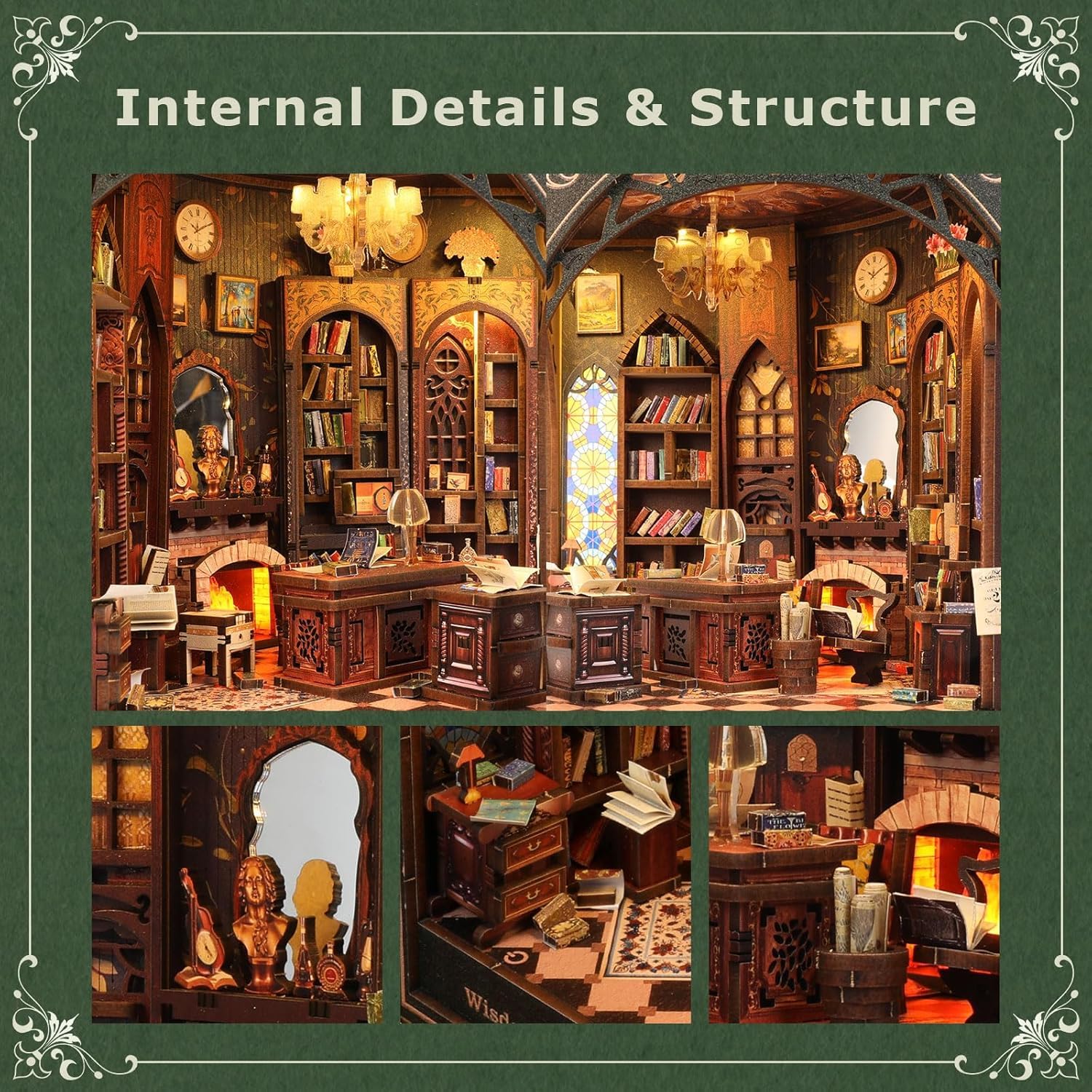 NookMaster Book Nook Kit, Type-C Charging, Classical Library Model, Green, 6x6x8.3 inches