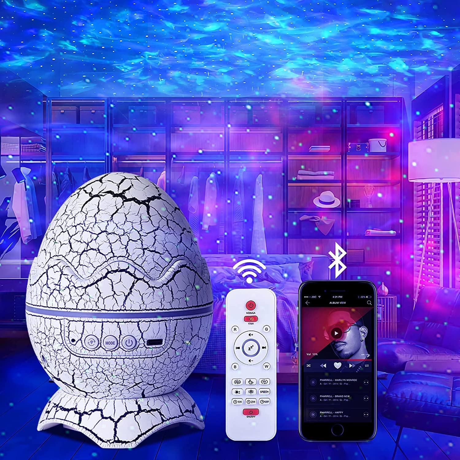 Dinosaur Egg Galaxy Star Projector Starry Light With Wireless Music Player, Night Light With White Noise, Nebula,Timer & Remote