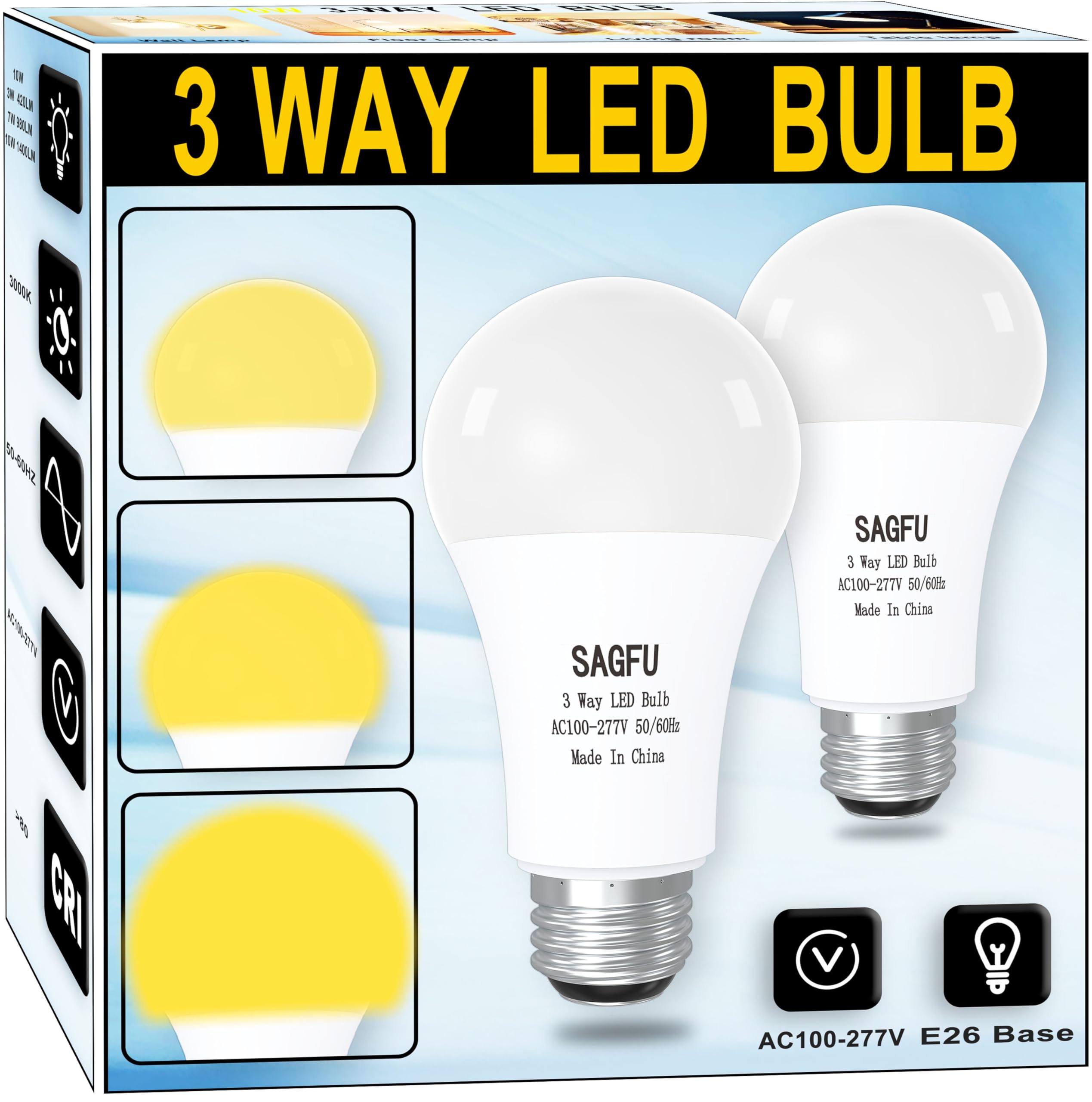 SAGFU 3 Way LED Light Bulbs 30 70 100 W Equivalent Soft White,A19 3000K,Three Way Light Bulbs,3 Way Light Bulbs,E26 Base LED Lig