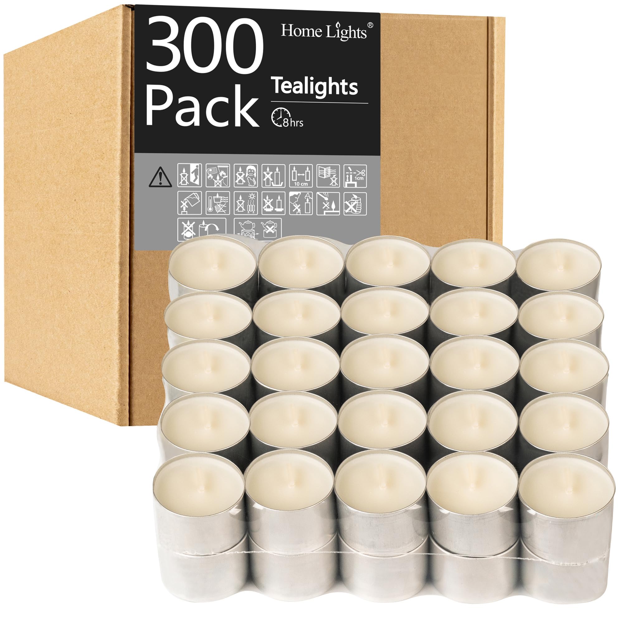 Home Lights Tealight Candles, 300 Pack, White, Smokeless, Unscented, 8 Hour Burn Time, Perfect for Weddings and Home Decor