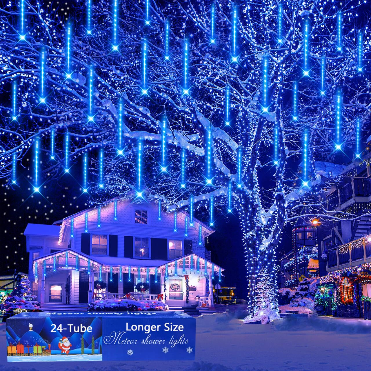 Outdoor Christmas Decorations, 24 Tubes(Equivalent to 3 Sets of 12Inch 8-Tubes) Meteor Shower Lights Snow Falling Icicle Christm
