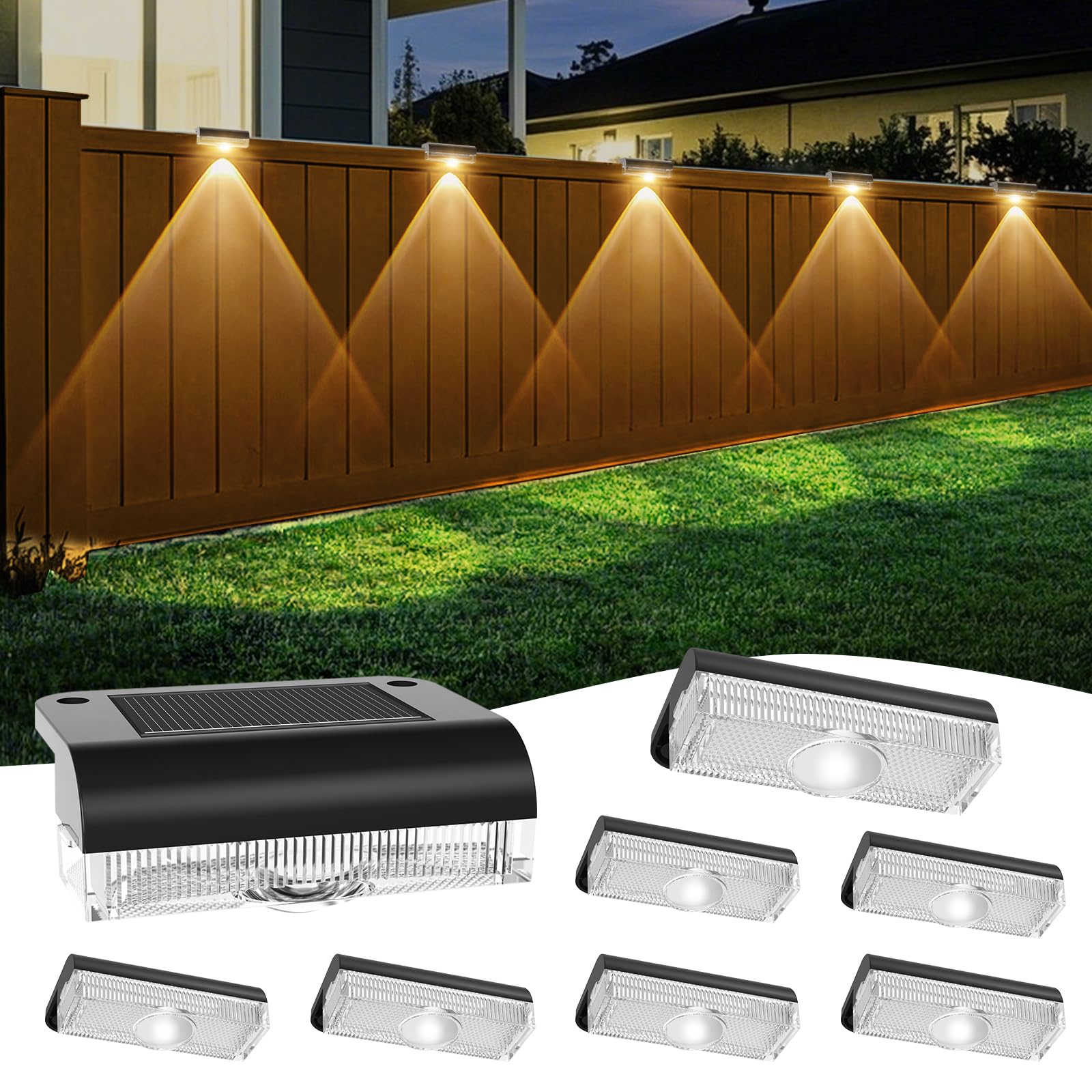 Agotd Solar Fence Lights Outdoor  8 Pack Fence Light Solar Powered Wall Lighting  Deck Lights Waterproof Led For Outside  Garden  Backyard  Patio  Pathway  Railing  Pool  Stairs  Step  Warm White