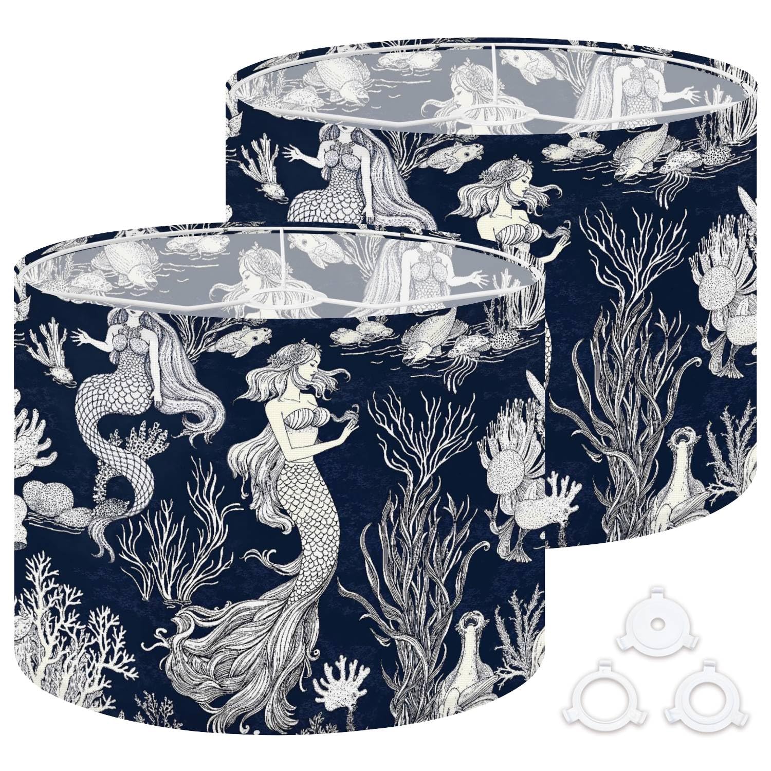Lamp Shades Set of 2 Blue Ocean Deep Sea Fish Seaweed Coral Creatures Art Monochrome Drum Lampshades 8.9x11x11 for Table Lamps F