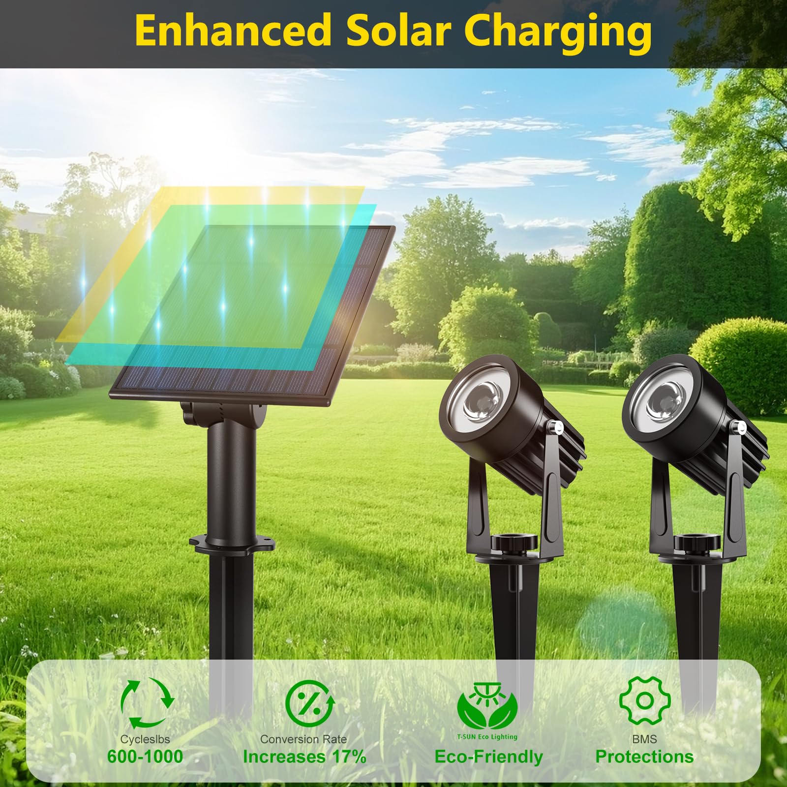 T-SUN 2W Solar Spotlights, LED Outdoor Landscape Lights, Waterproof, Dual Head, 2-IN-1, Cold White