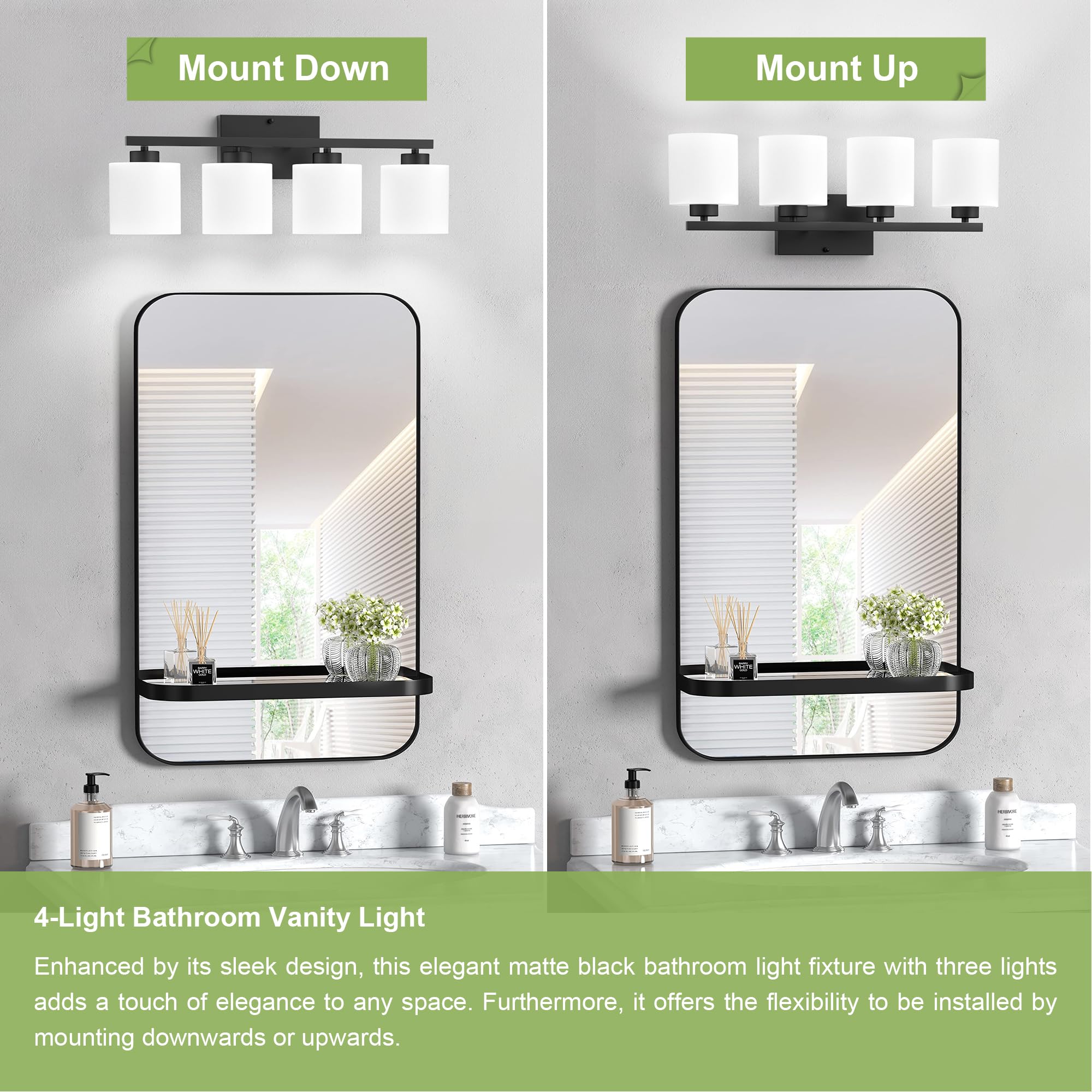 Honesorn 4-Light Bathroom Vanity Light Fixture, Matte Black, Frosted Glass Shade, Model TK-JQD-MS-B-4, Anti-Rust Nickel Finish