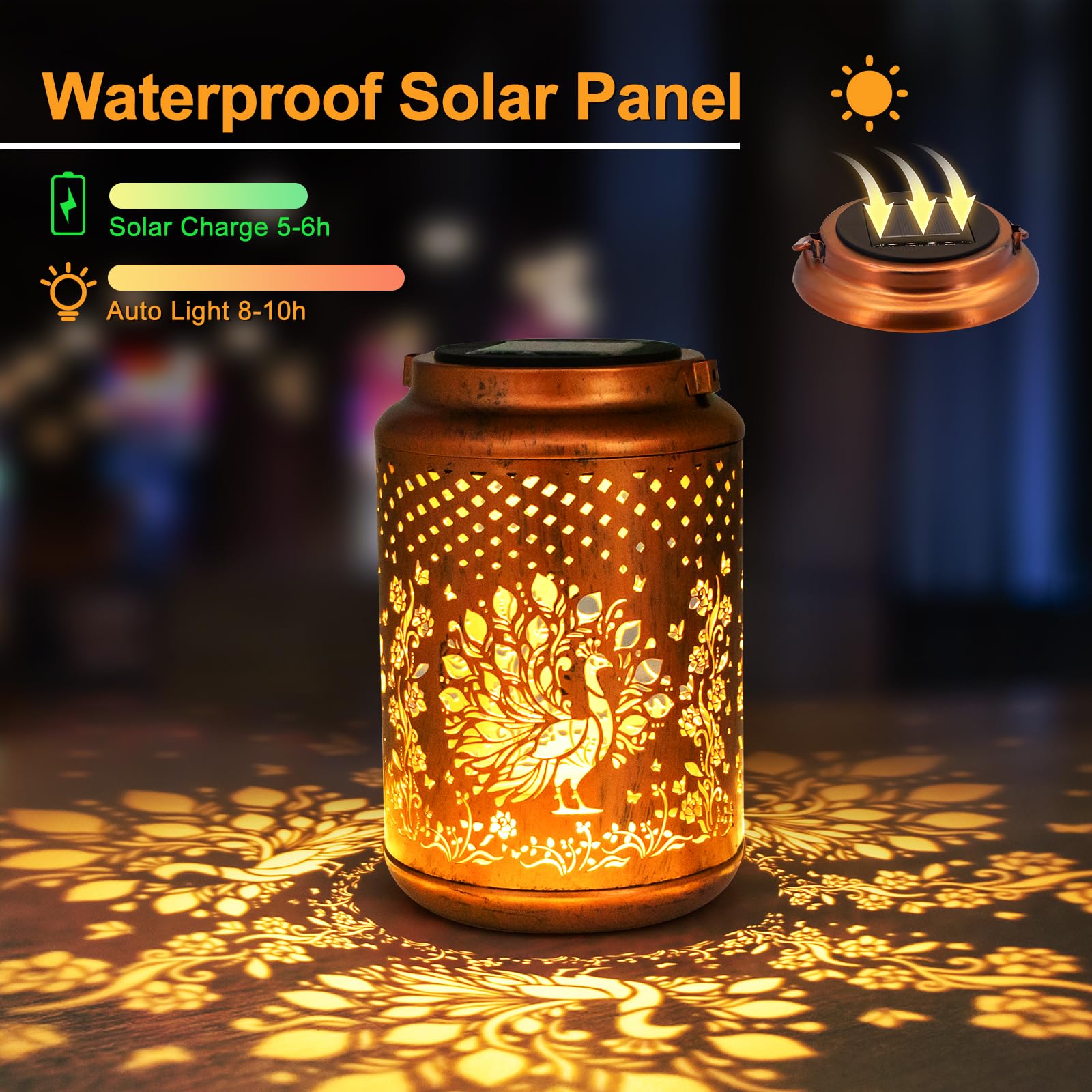 YISITEONE 2 Pack Peacock Solar Lanterns, Metal Hanging Lights for Outdoor Garden, Brown, Model ES04250700008
