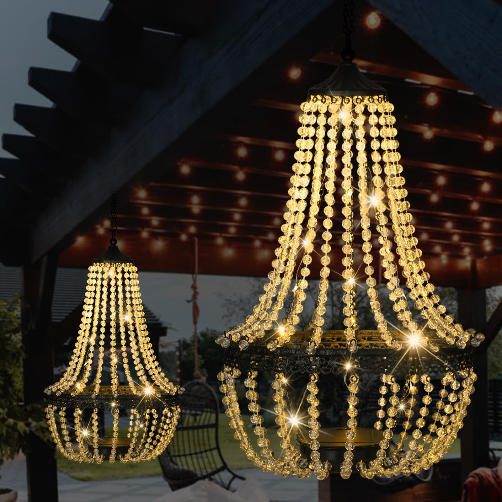 Hanging Solar Chandelier Outdoor, 30 Warm White Lights Acrylic Clear Beaded Chandelier with S Hooks Modern Lantern for Garden Ya