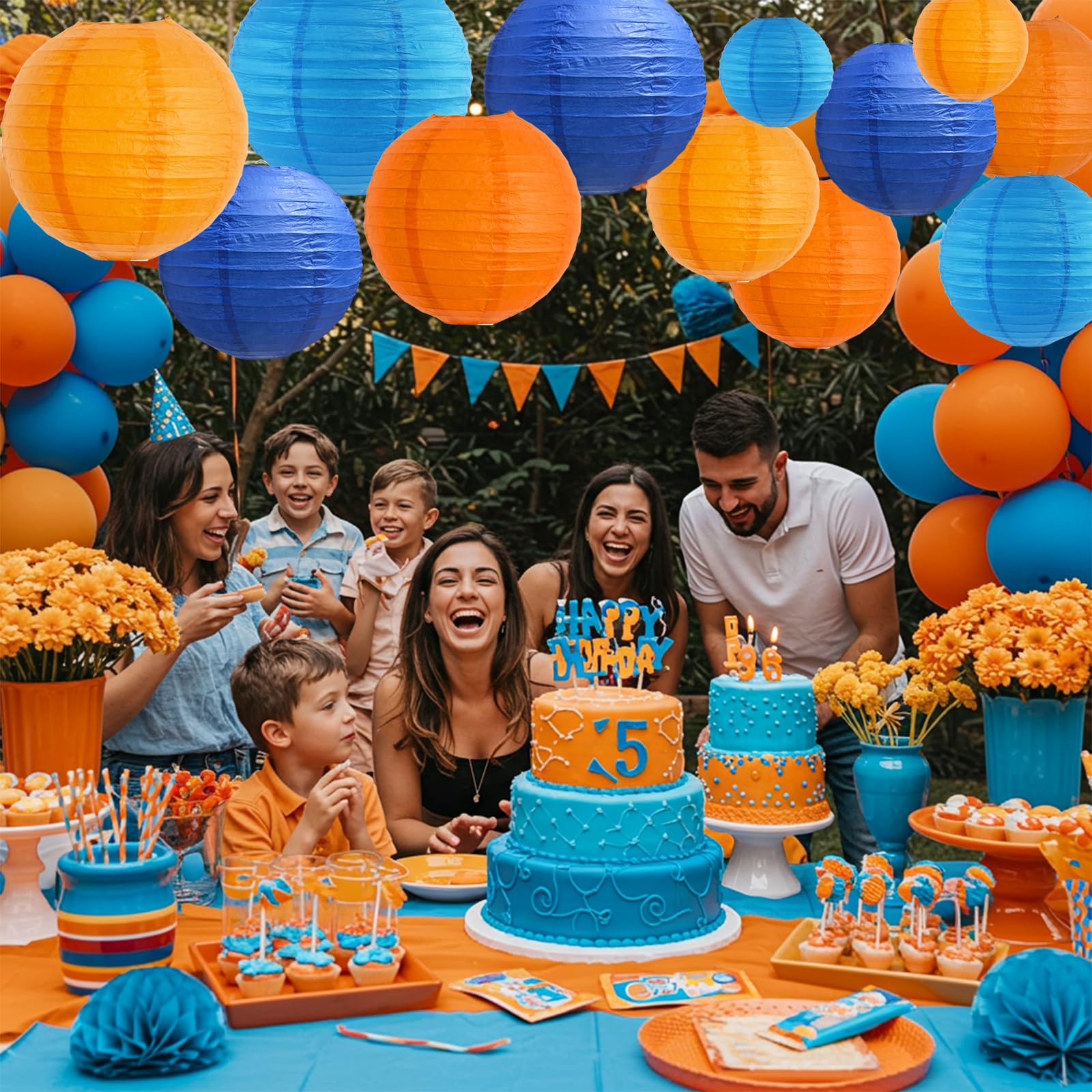 BEISHIDA 12Pcs Paper Lanterns, Blue Orange, Round Hanging Lamps for Birthday, Wedding, Home Decor, 4-12 Inch