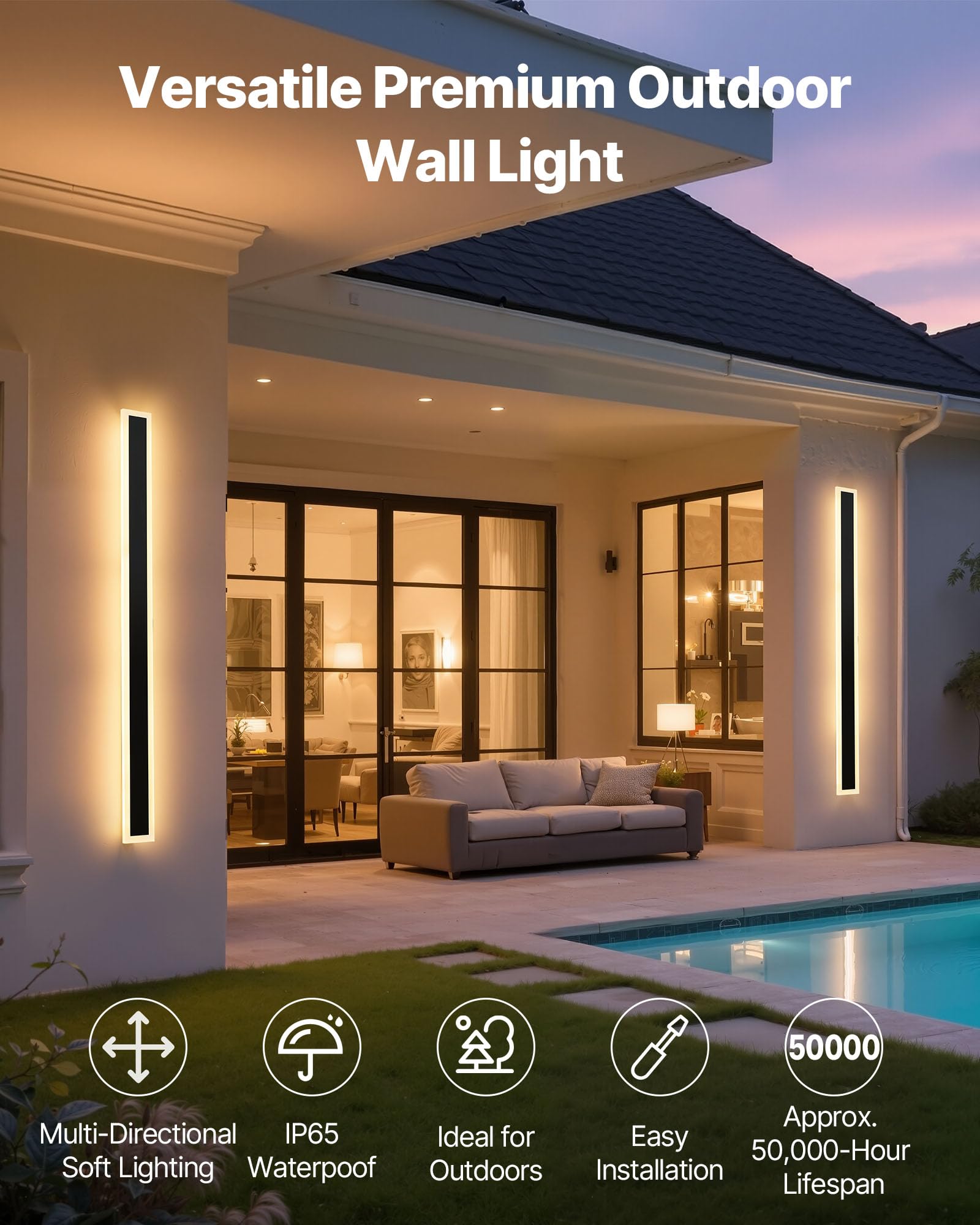 VEVOR Outdoor Wall Lights, Modern Exterior Sconce, 39.4 Inch, Black and White, IP65 Waterproof, Aluminum, Model VB35-2, 2 Pack