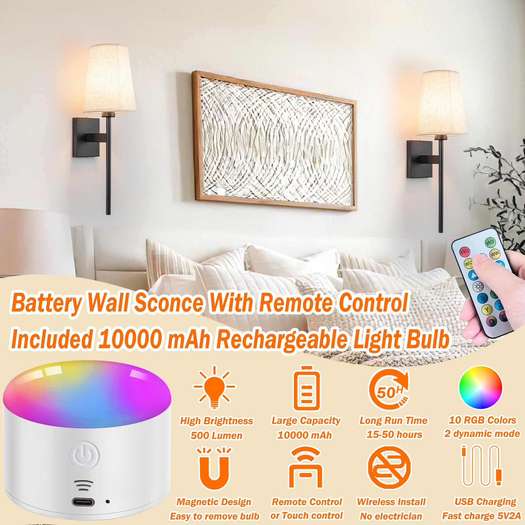 YHCDLAMP Battery Operated Wall Sconce Set of Two, Wireless with Remote Control, Dimmable, Black, Model 87b7ffdf-dfb9-47d2-a