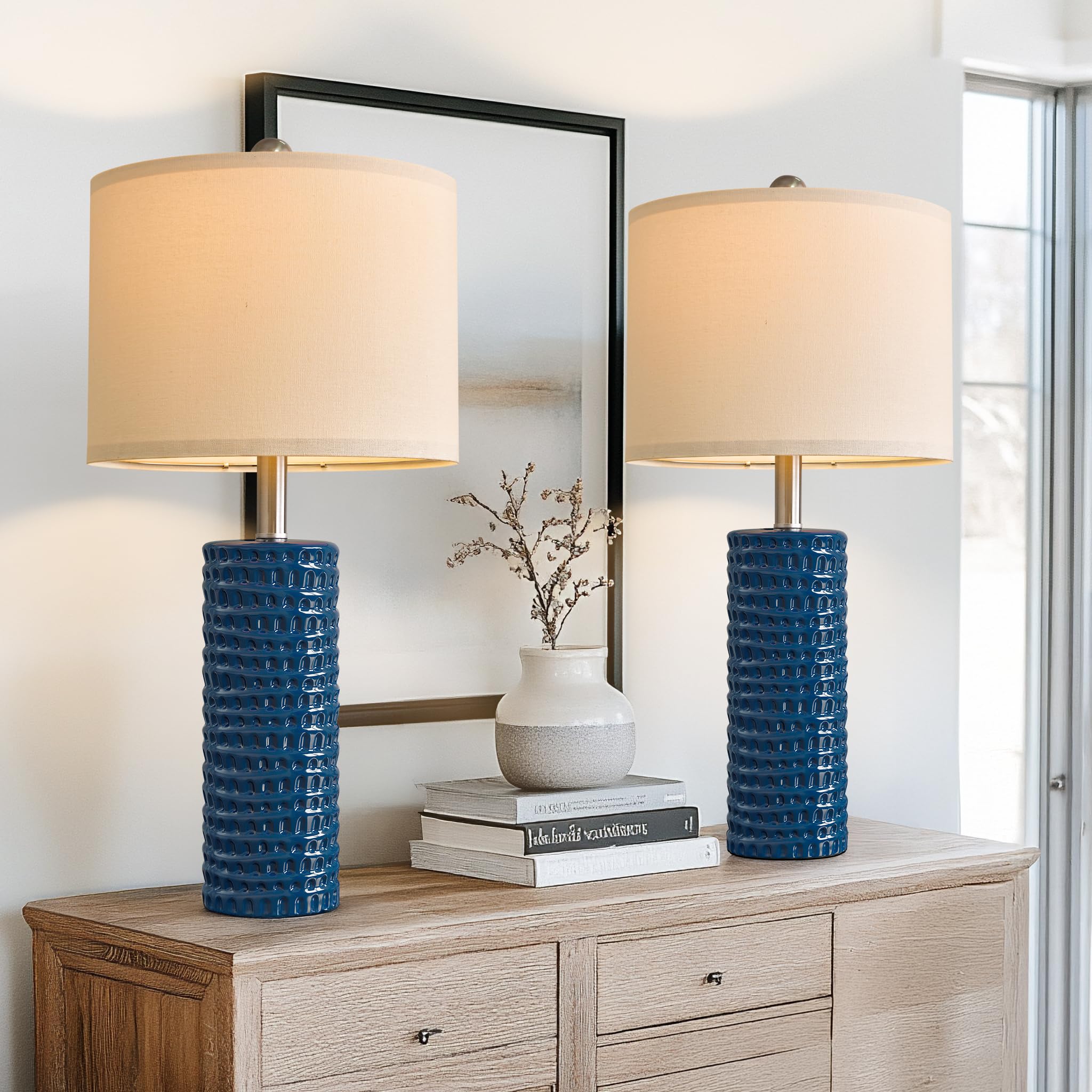 PORTRES 24.75" Modern Ceramic Table Lamp Set of 2 - Blue Accent Lamps for Bedroom, Living Room, Office, Study Room, Farmhouse Decor