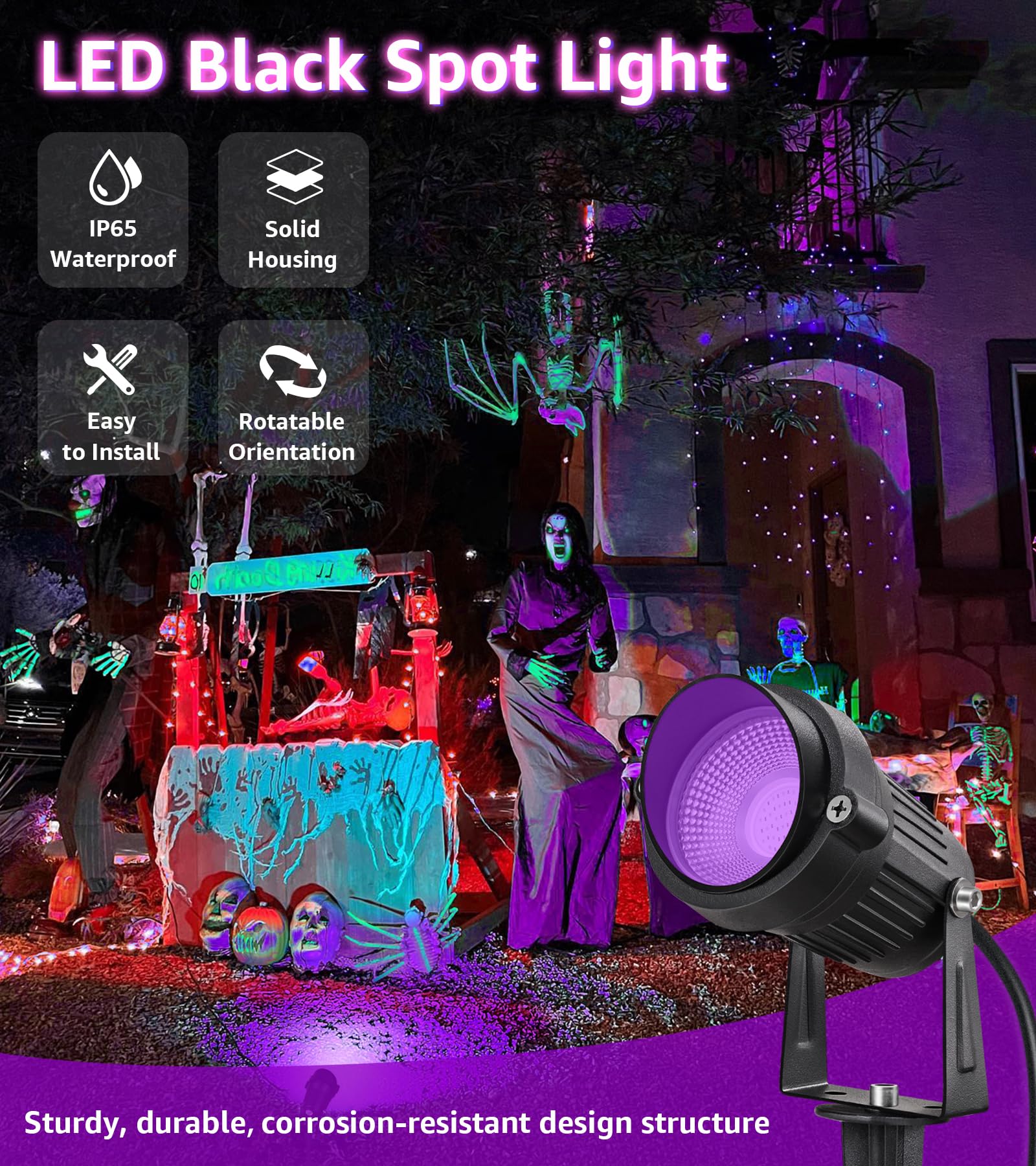 Sunvie 10W Led Black Light Spotlight - Waterproof Purple Light For Halloween & Glow Parties, 2-Pack