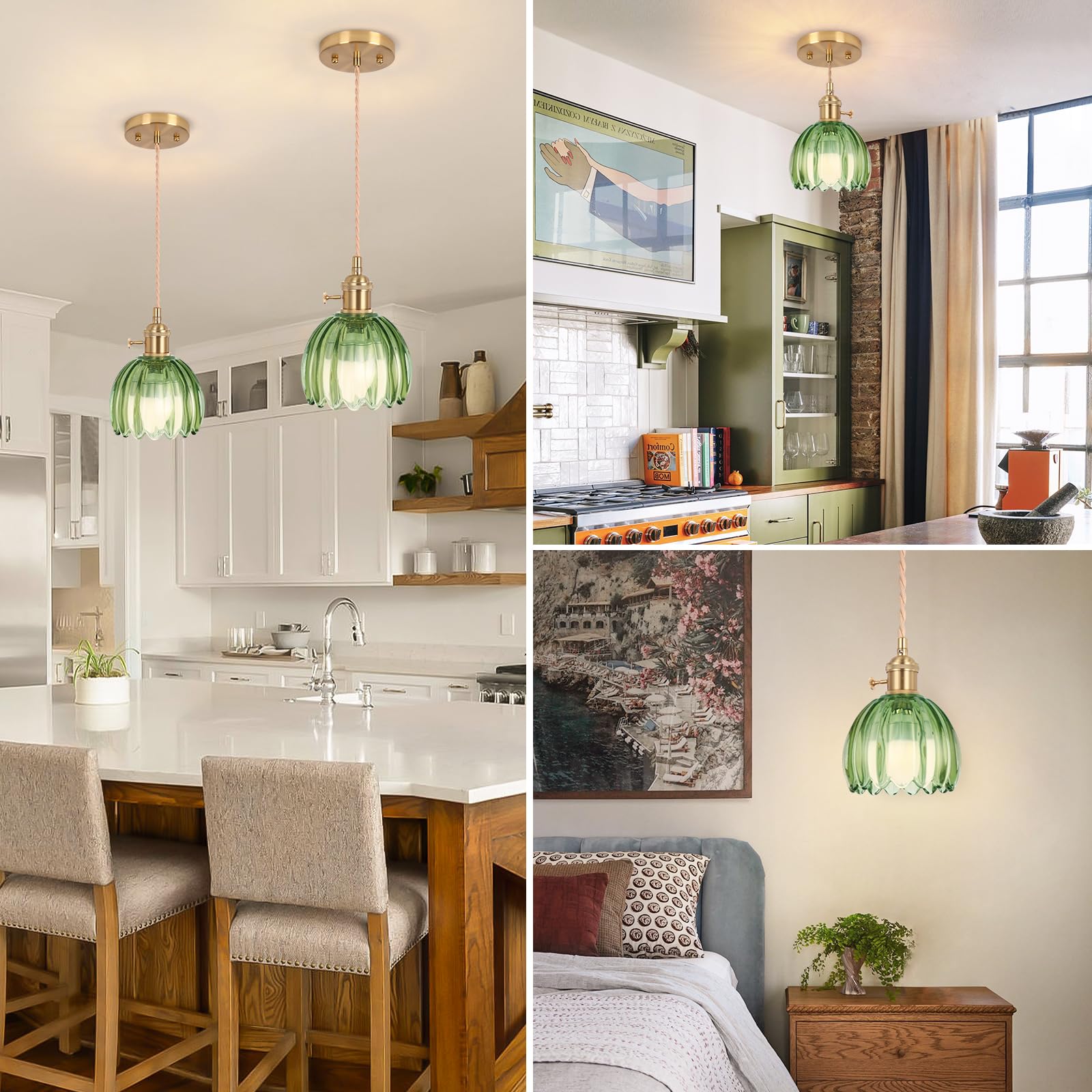 Loiogohot Battery Operated Pendant Light, 5.1" RGB Rechargeable Glass Chandelier, Tulip Green, Model PL-BN1169-CD-GN