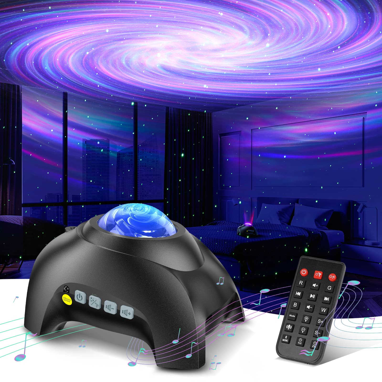 HODANS Northern Galaxy Light Aurora Projector - 33 Light Effects, Remote Control, Bluetooth Speaker, Jet Black, Model HJ-XKD09