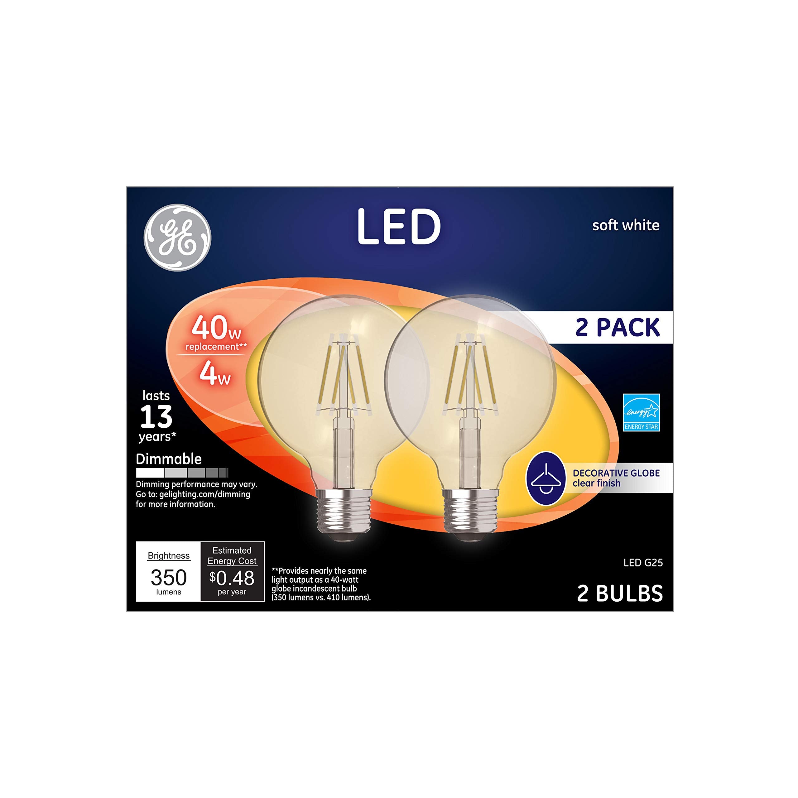Ge Lighting Led Globe Light Bulbs, G25 Bulb, 4 Watt (40 Watt Equivalent) Soft White, Clear Finish, Medium Base, Dimmable (2 Pack