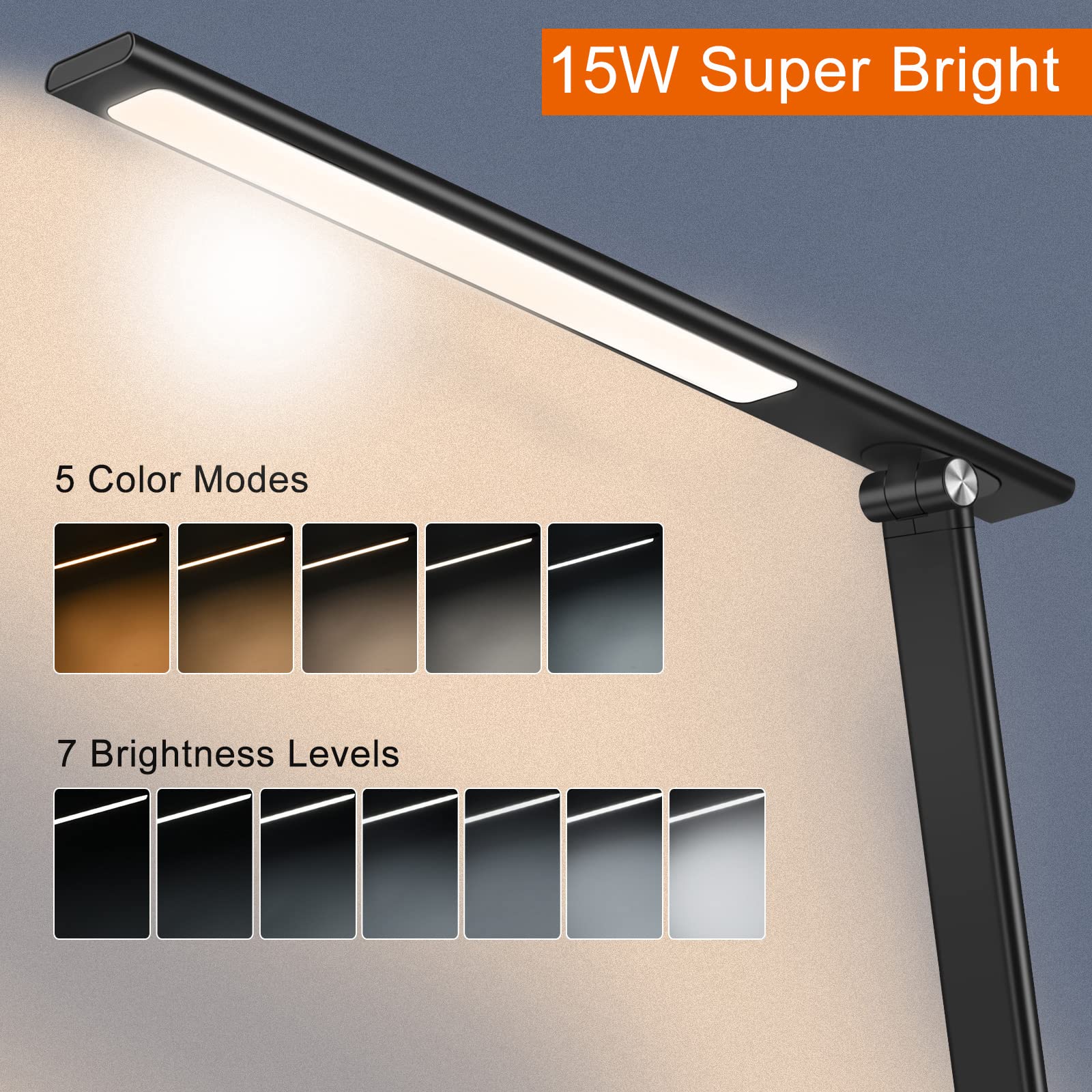 AFROG 5th Gen LED Desk Lamp with 10W Wireless Charger, Touch Control, 1800Lux Brightness, Metal, Black 5.0 Pro, Model EK009A