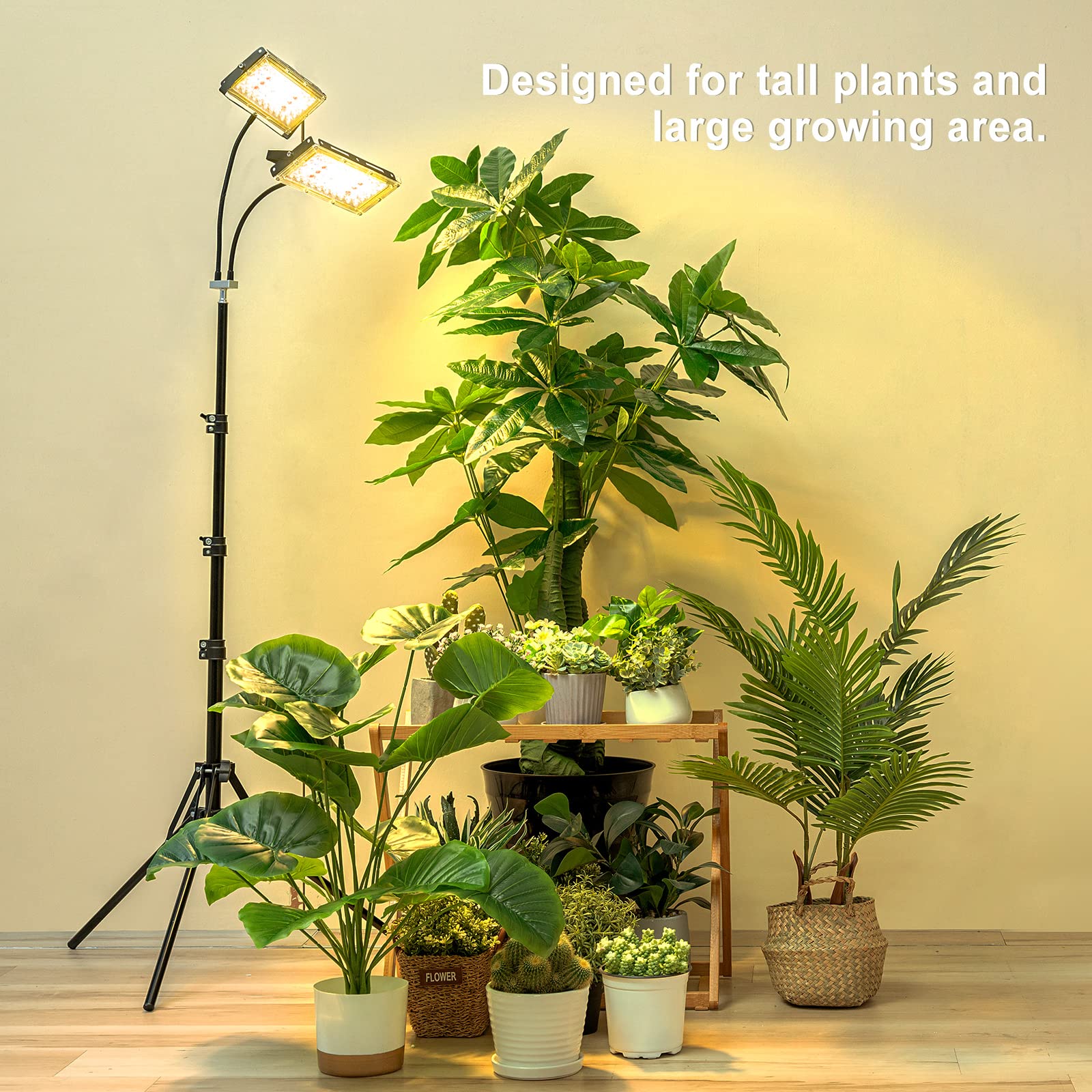 LBW Grow Light for Indoor Plants, 200W LED, Dual Heads, Auto Timer, 6 Dimmable Levels, Adjustable Tripod Stand, Medium-Dual Head Timer