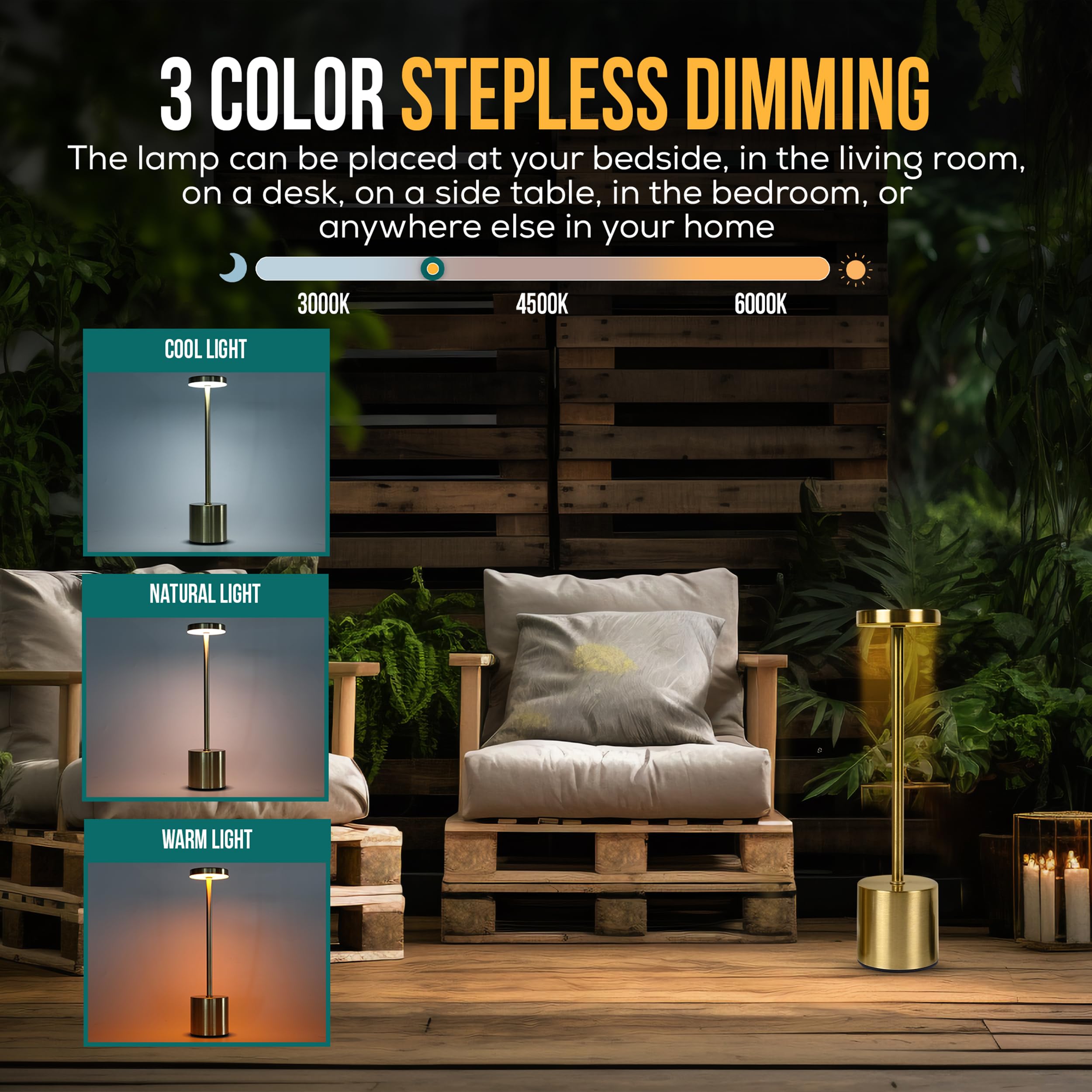 Cordless Table Lamp Pack Of 2 (Gold) Rechargeable Lights - Set Of 2 Usb Chargers Included - Led 3-Color Dimmable Lamps For Resta