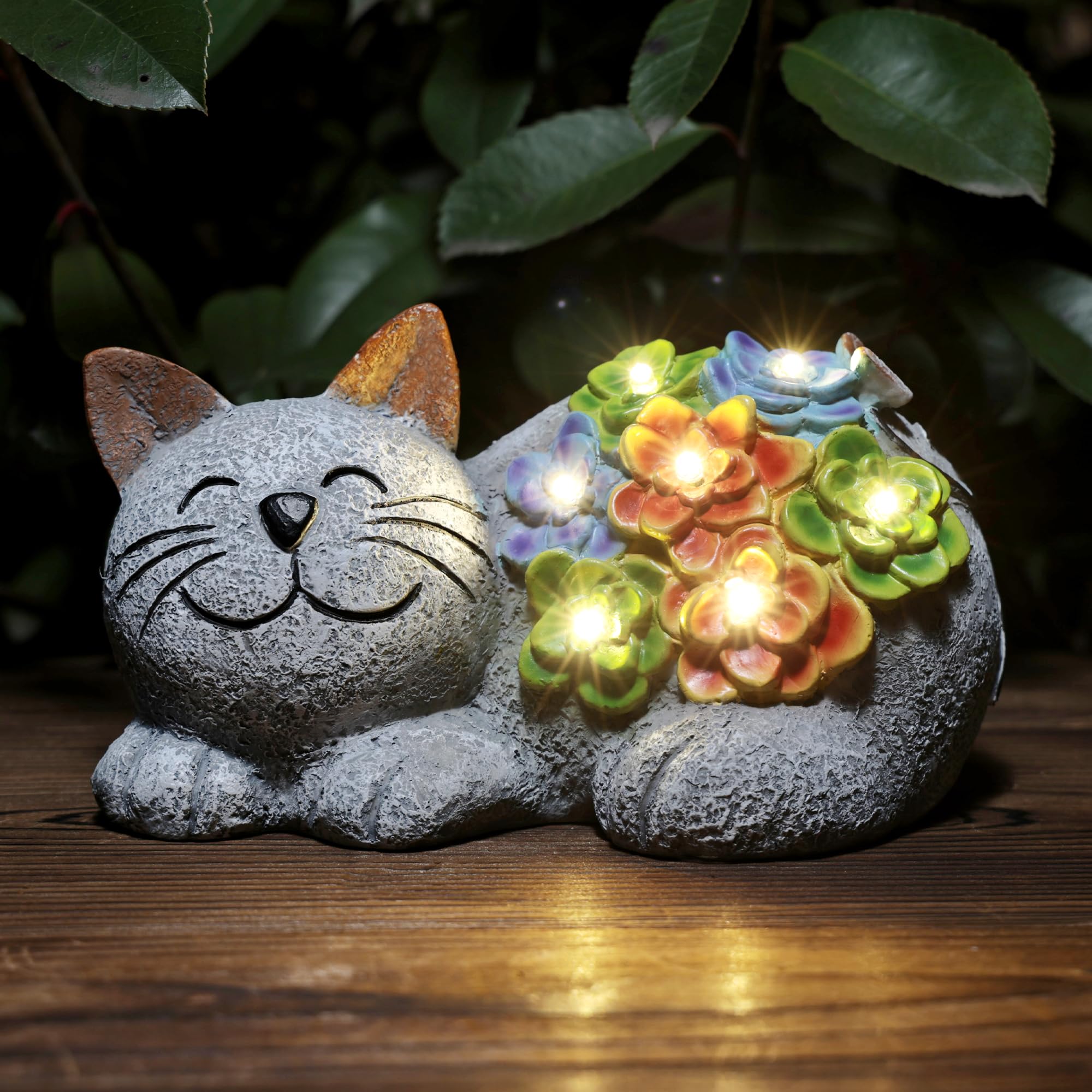 Otdair Solar Garden Decor Cat with Succulent, 7 LED Lights, 6.8inx4.3inx4.1in, Gray, Model XMD-Flo, Outdoor Gift for Cat