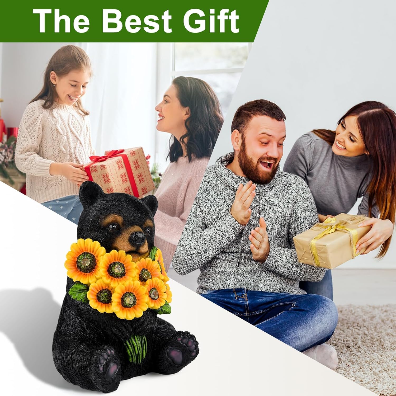 ILLUMINEW Solar Garden Lights Outdoor Statues Black Bear with Sunflowers, Sculpture Decor Mother Gifts for Women, Men or Daughte